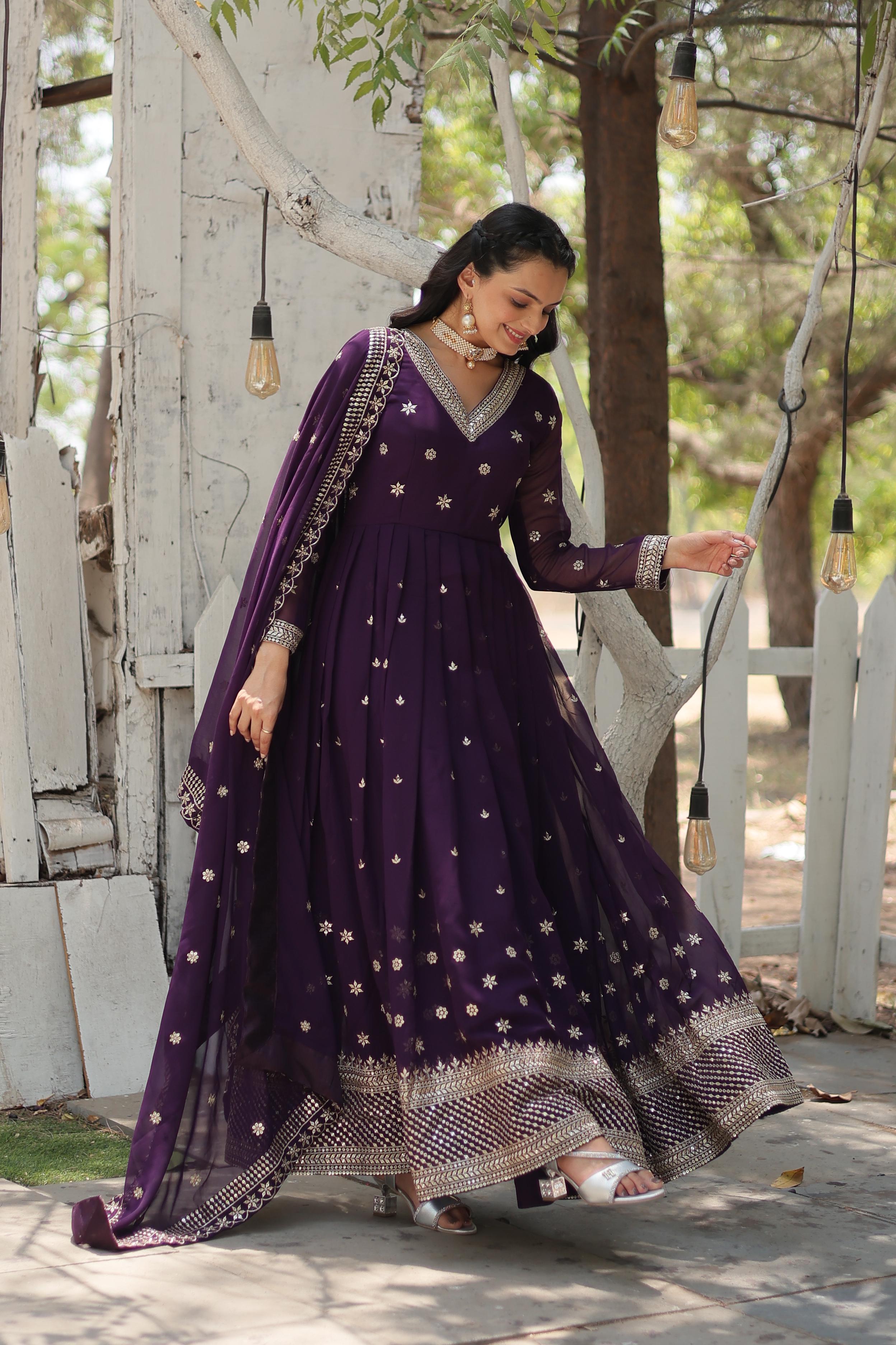 Captivating Purple Color Beautiful Work Gown WIth Dupatta