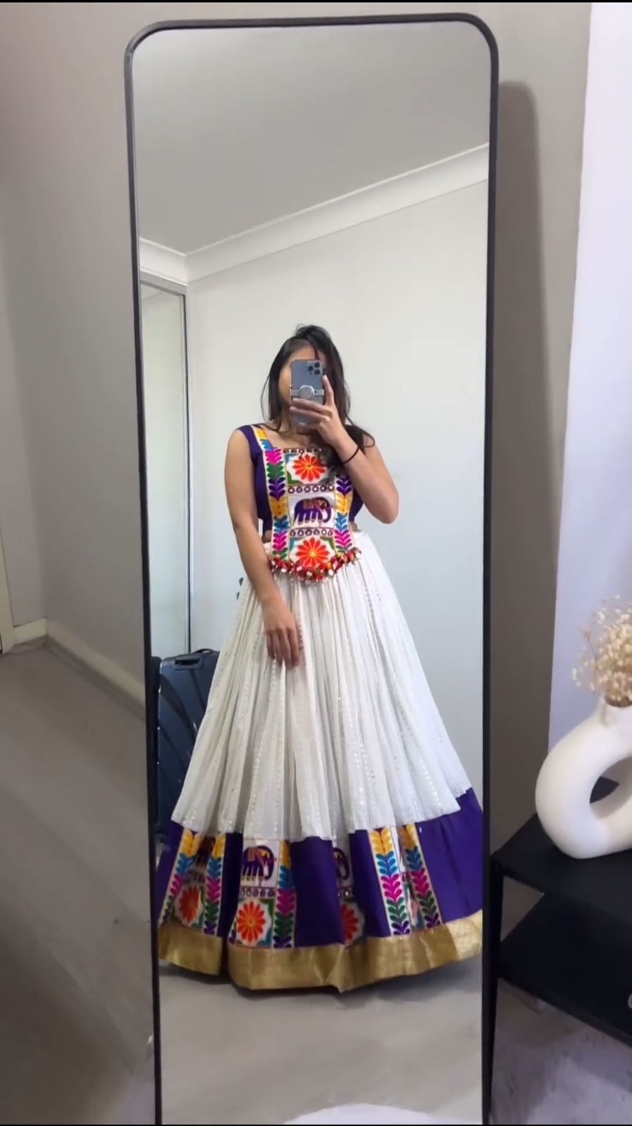 Festive Wear Gamthi Work White With Purple Lehenga Choli