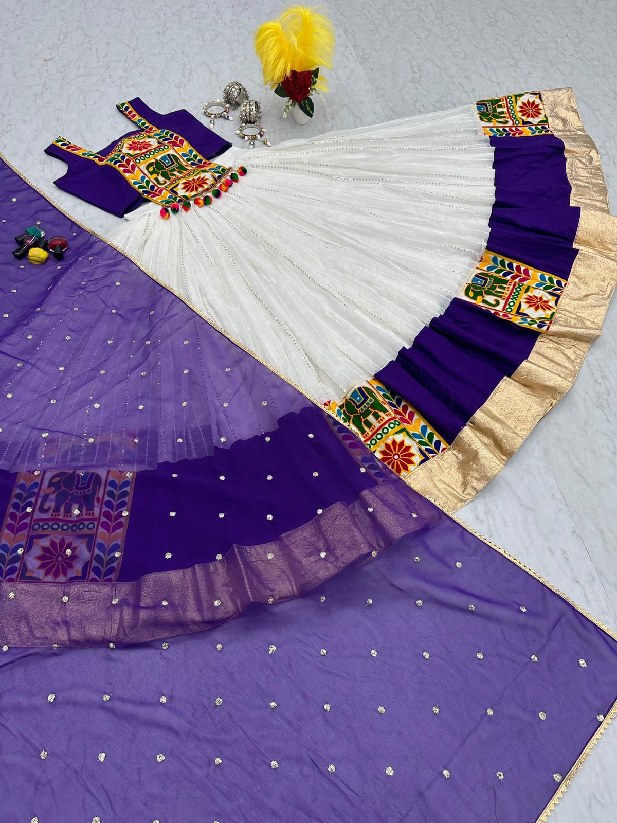 Festive Wear Gamthi Work White With Purple Lehenga Choli