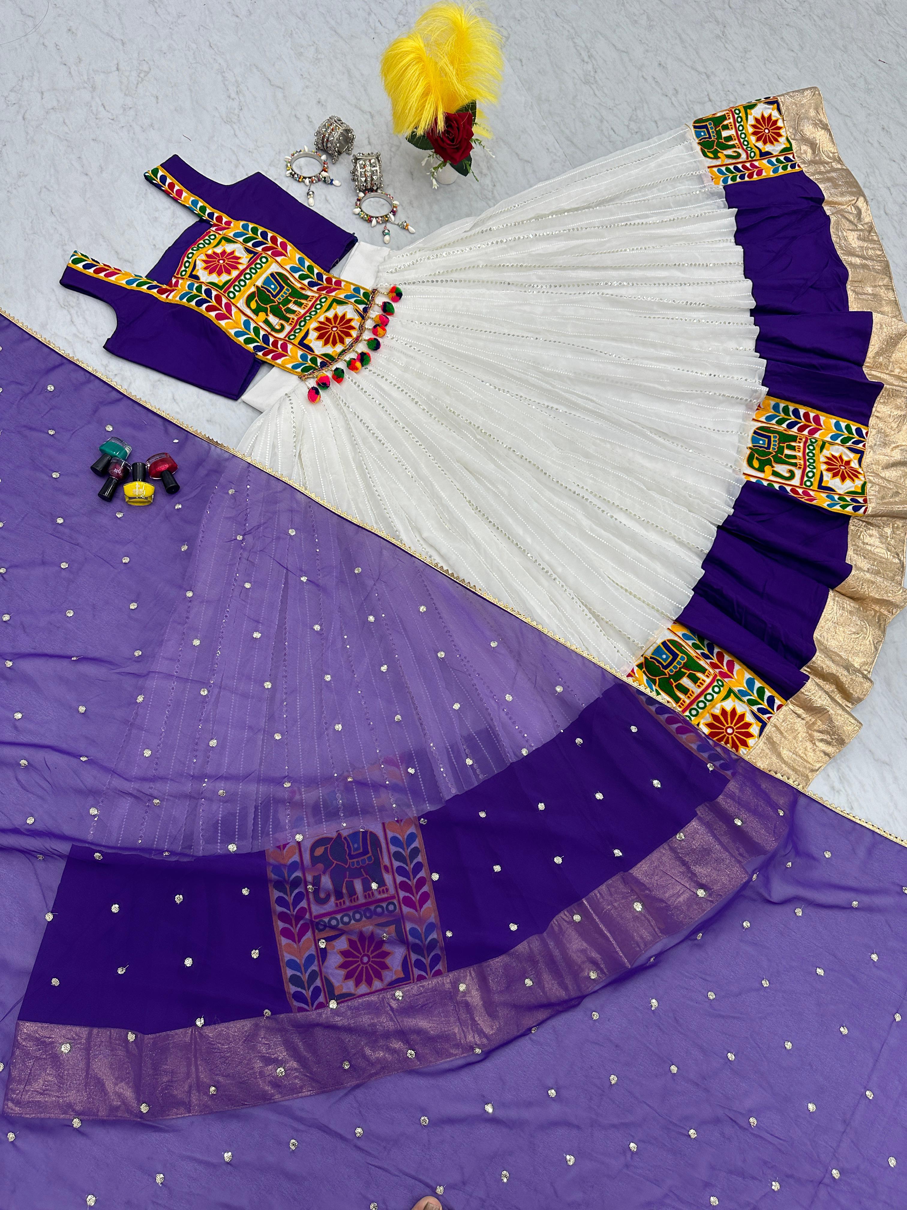 Festive Wear Gamthi Work White With Purple Lehenga Choli