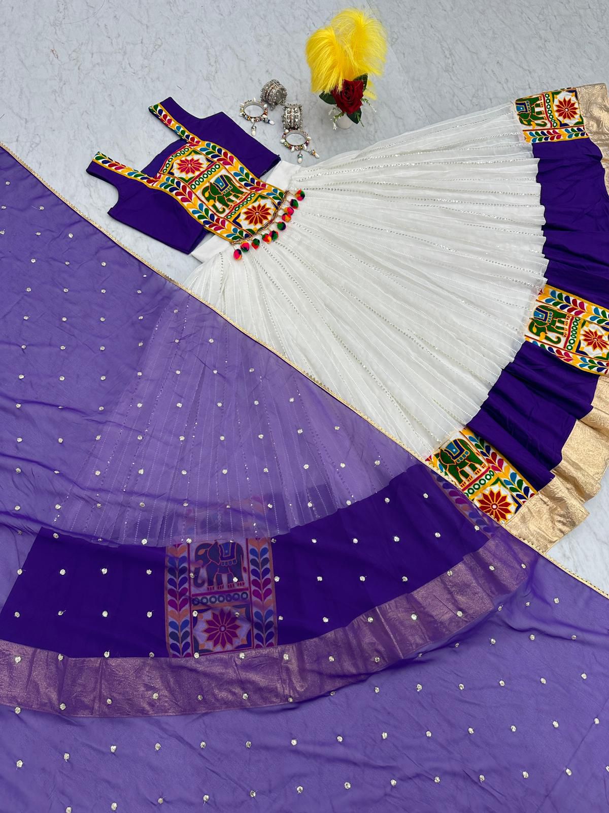 Festive Wear Gamthi Work White With Purple Lehenga Choli