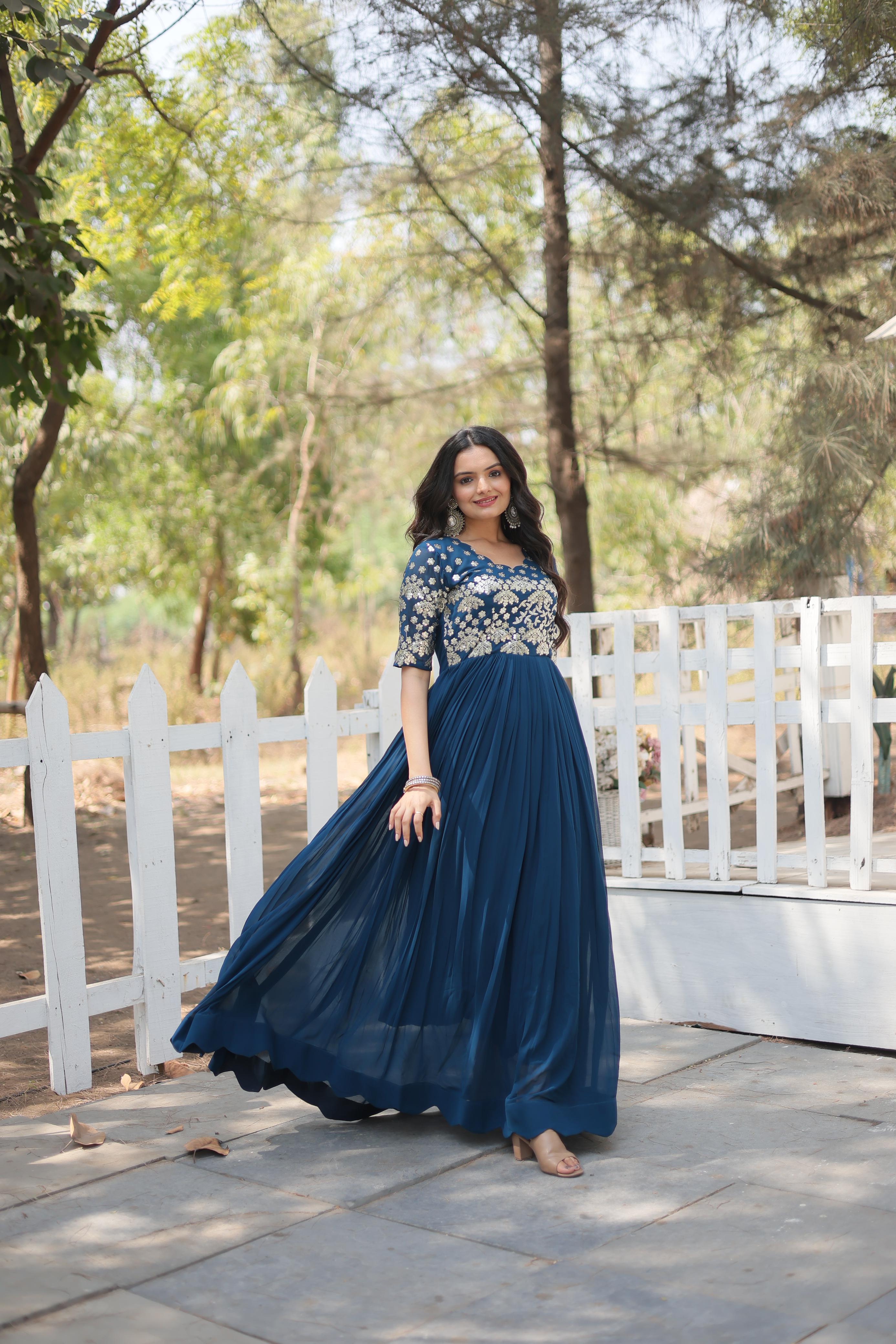 Stylish Embroidery Zari Sequence Work Teal Blue Gown