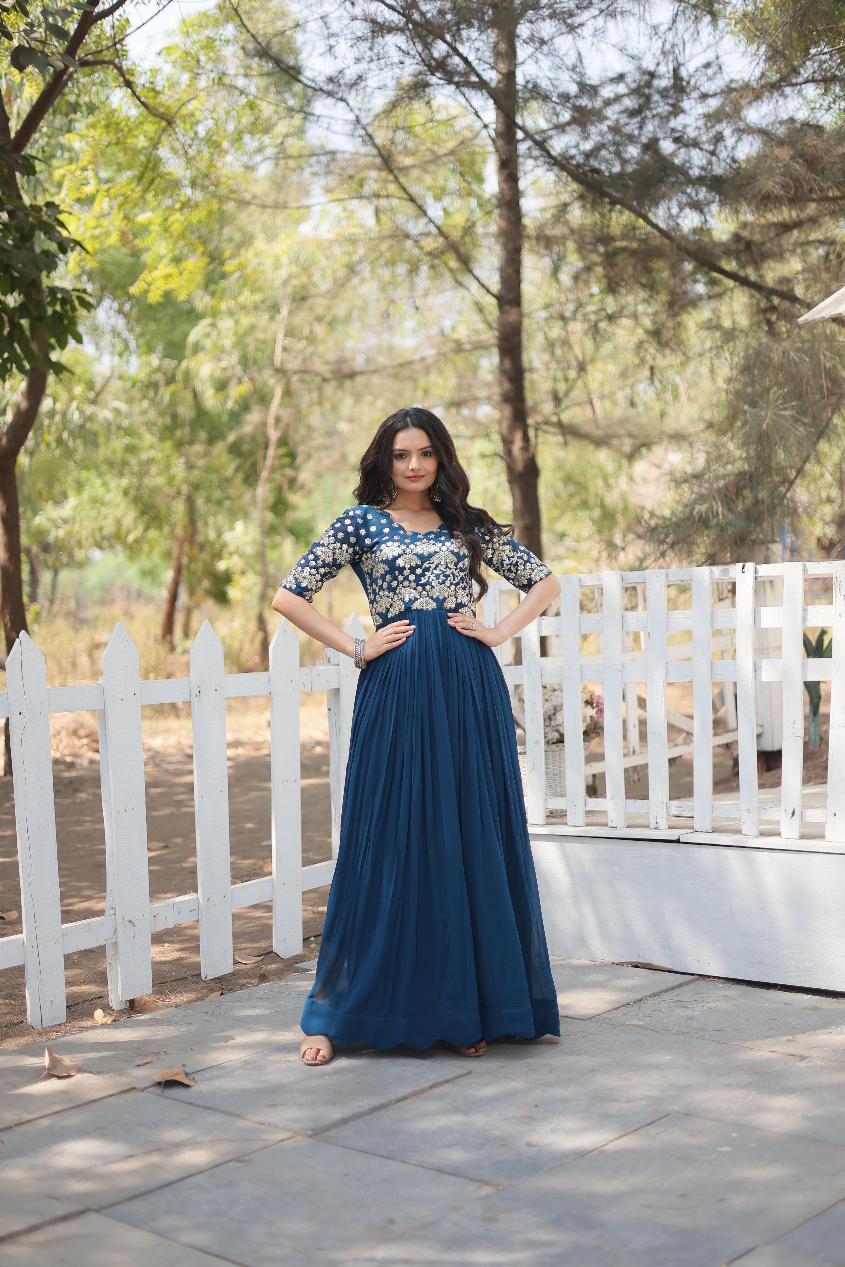 Stylish Embroidery Zari Sequence Work Teal Blue Gown