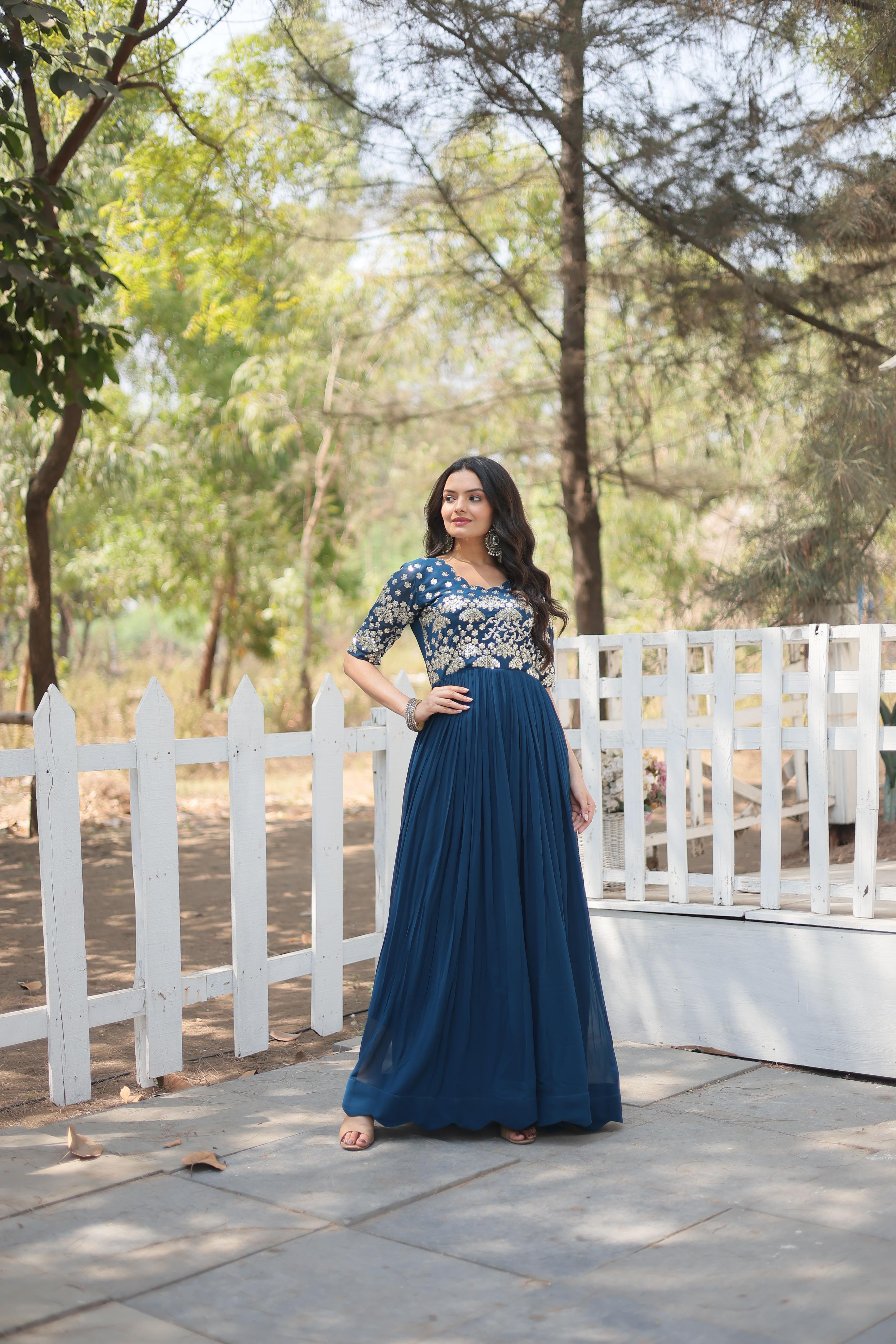 Stylish Embroidery Zari Sequence Work Teal Blue Gown