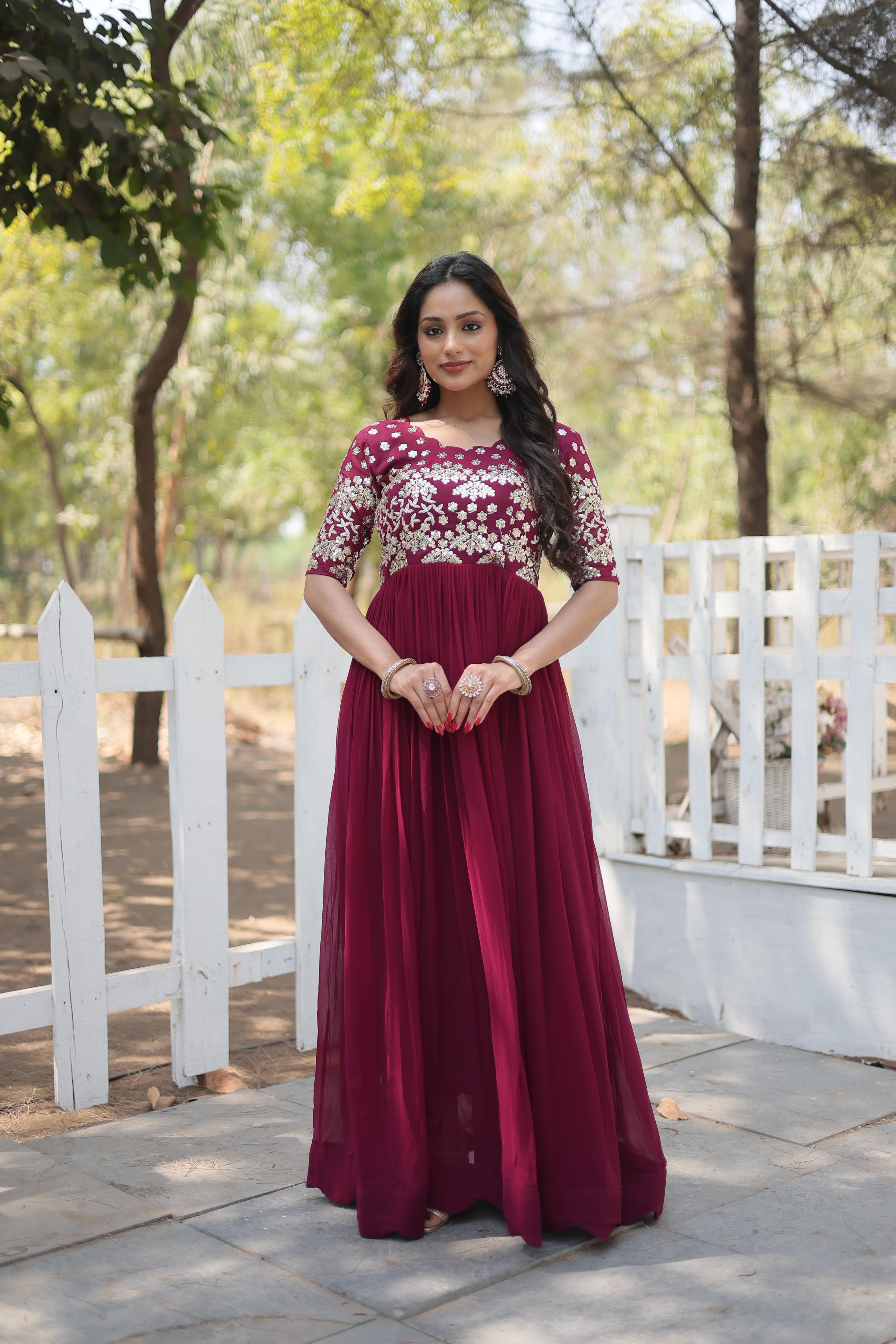 Stylish Embroidery Zari Sequence Work Maroon Gown