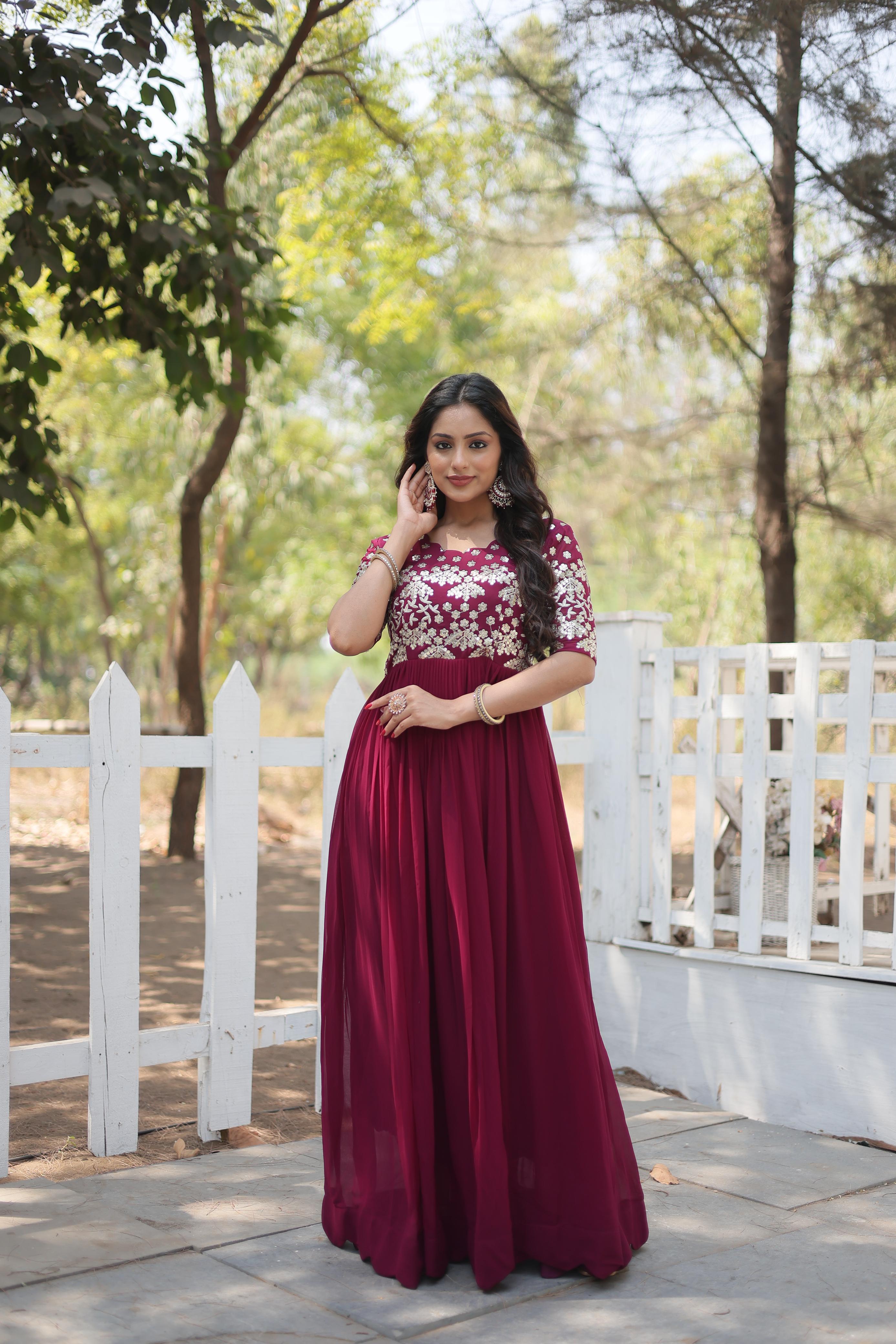 Stylish Embroidery Zari Sequence Work Maroon Gown