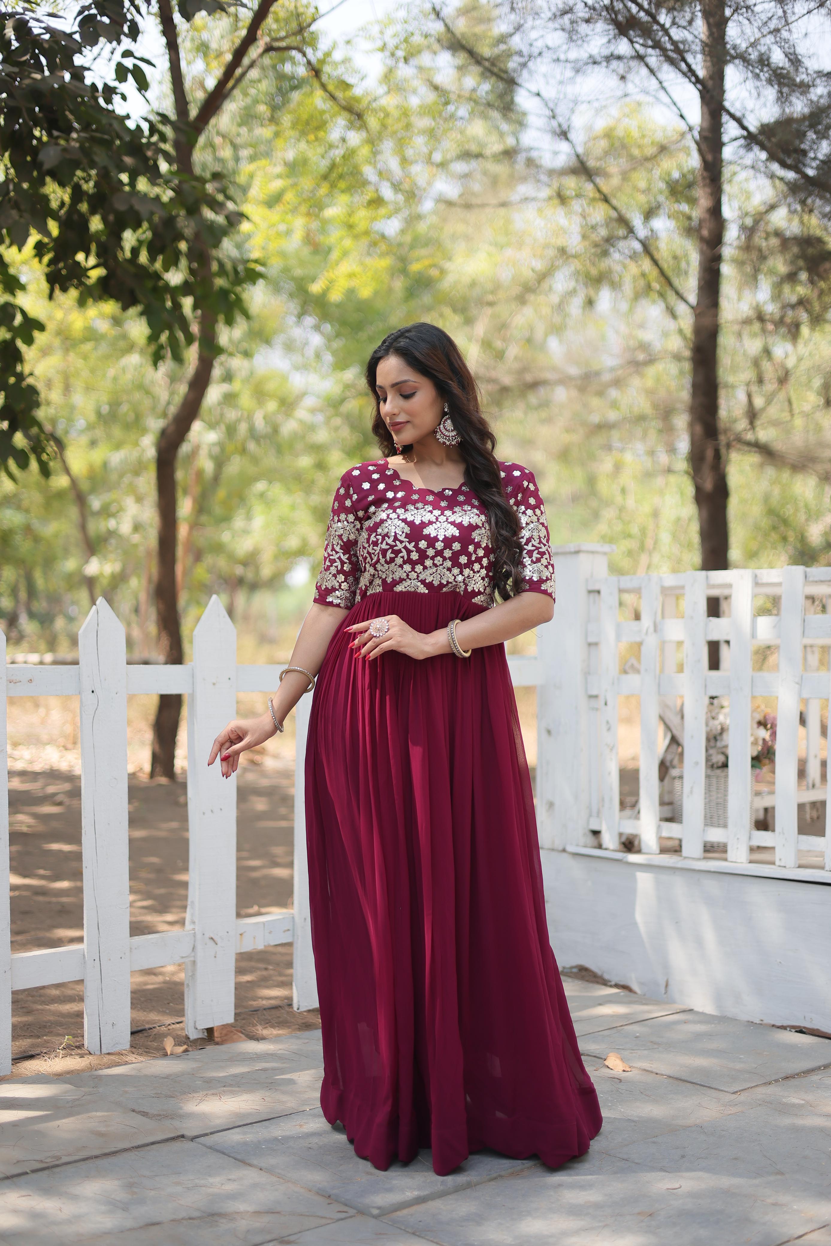 Stylish Embroidery Zari Sequence Work Maroon Gown