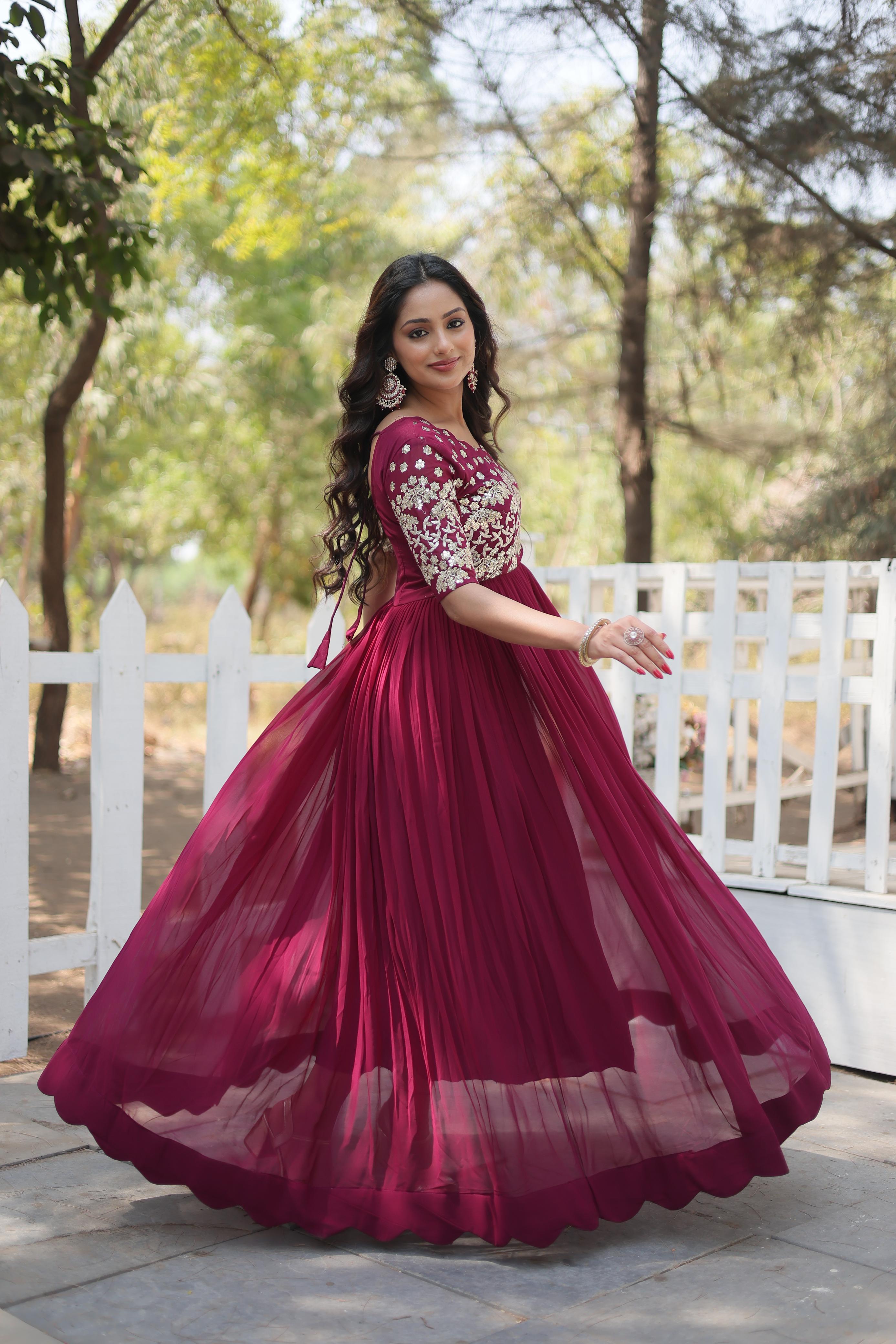 Stylish Embroidery Zari Sequence Work Maroon Gown