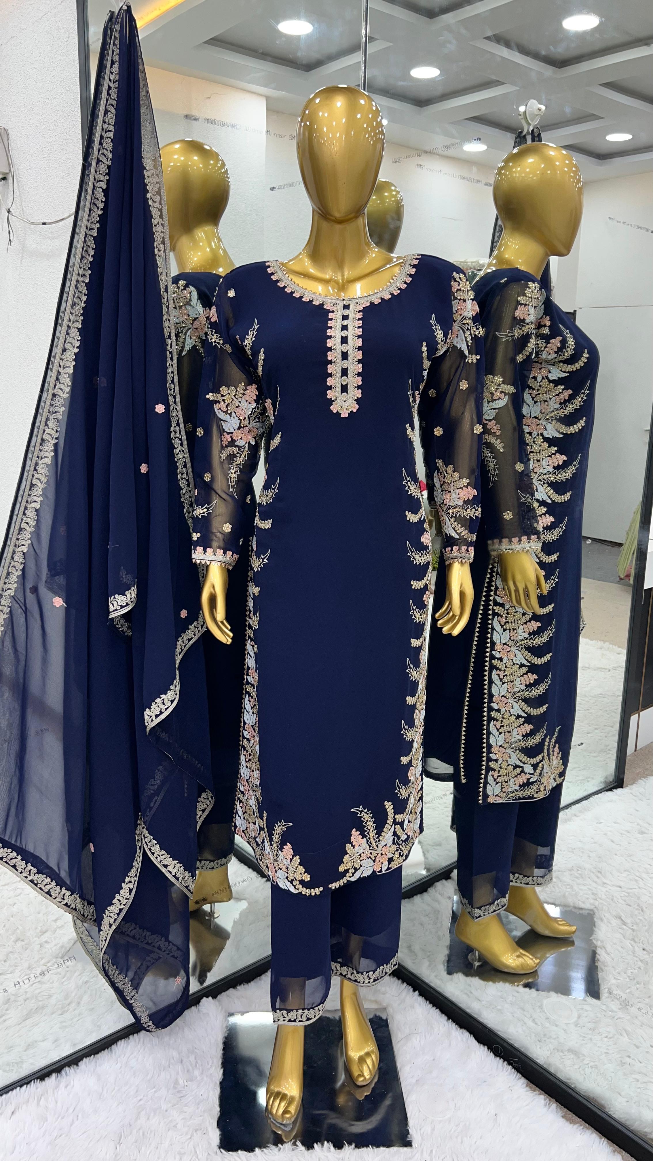 Fancy Embroidery With Diamond Work Navy Blue Kurti Set