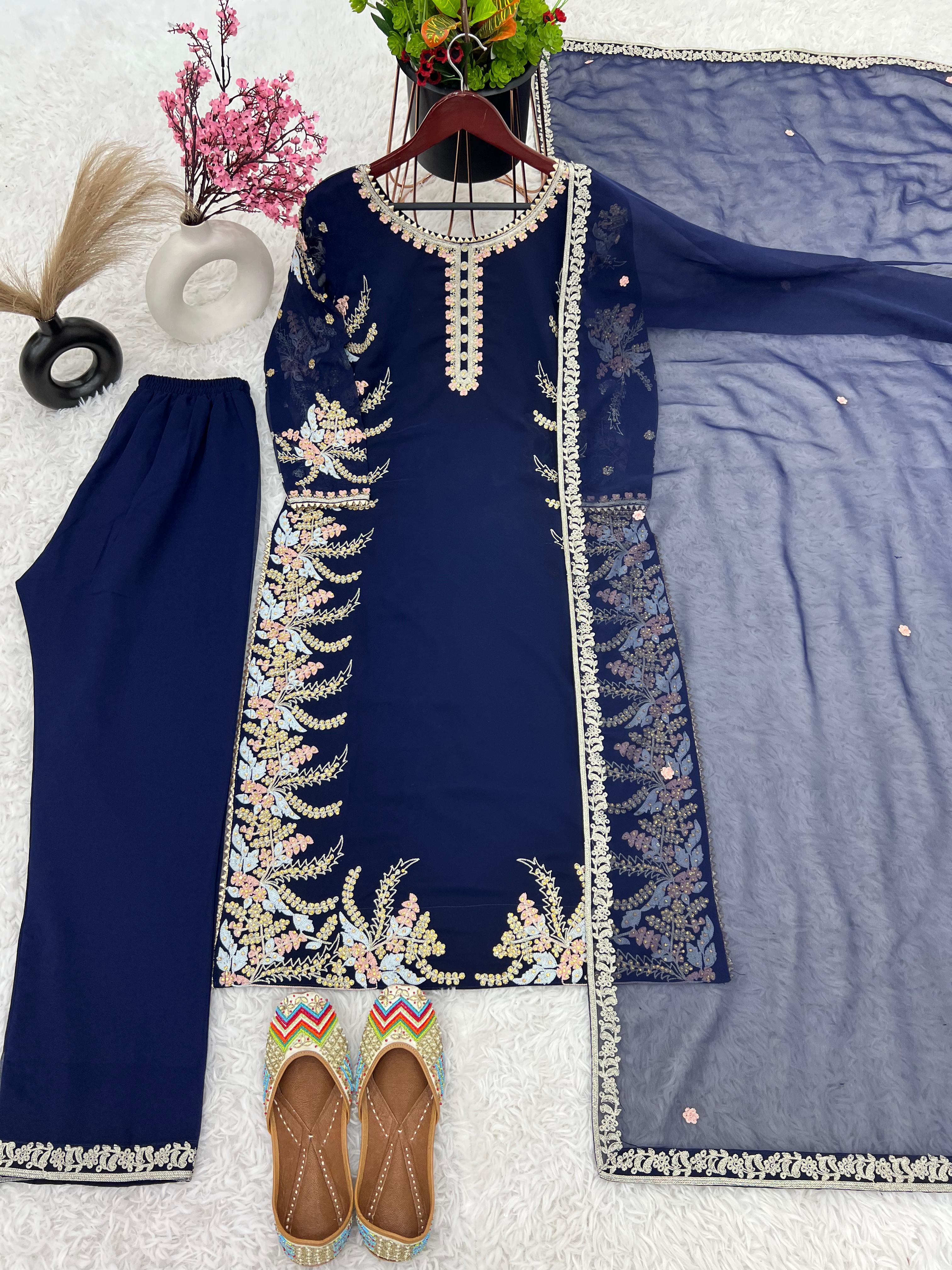 Fancy Embroidery With Diamond Work Navy Blue Kurti Set