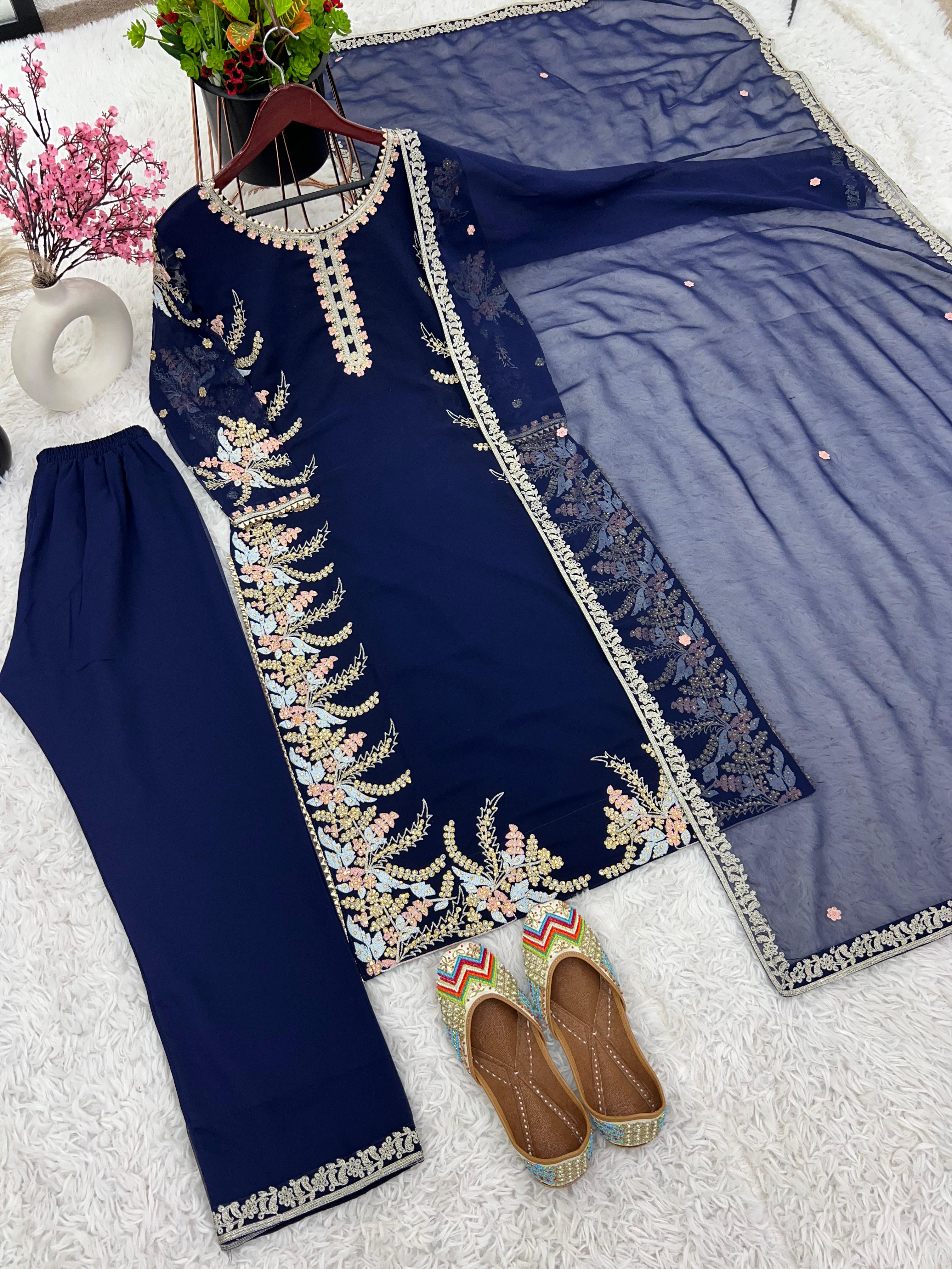 Fancy Embroidery With Diamond Work Navy Blue Kurti Set