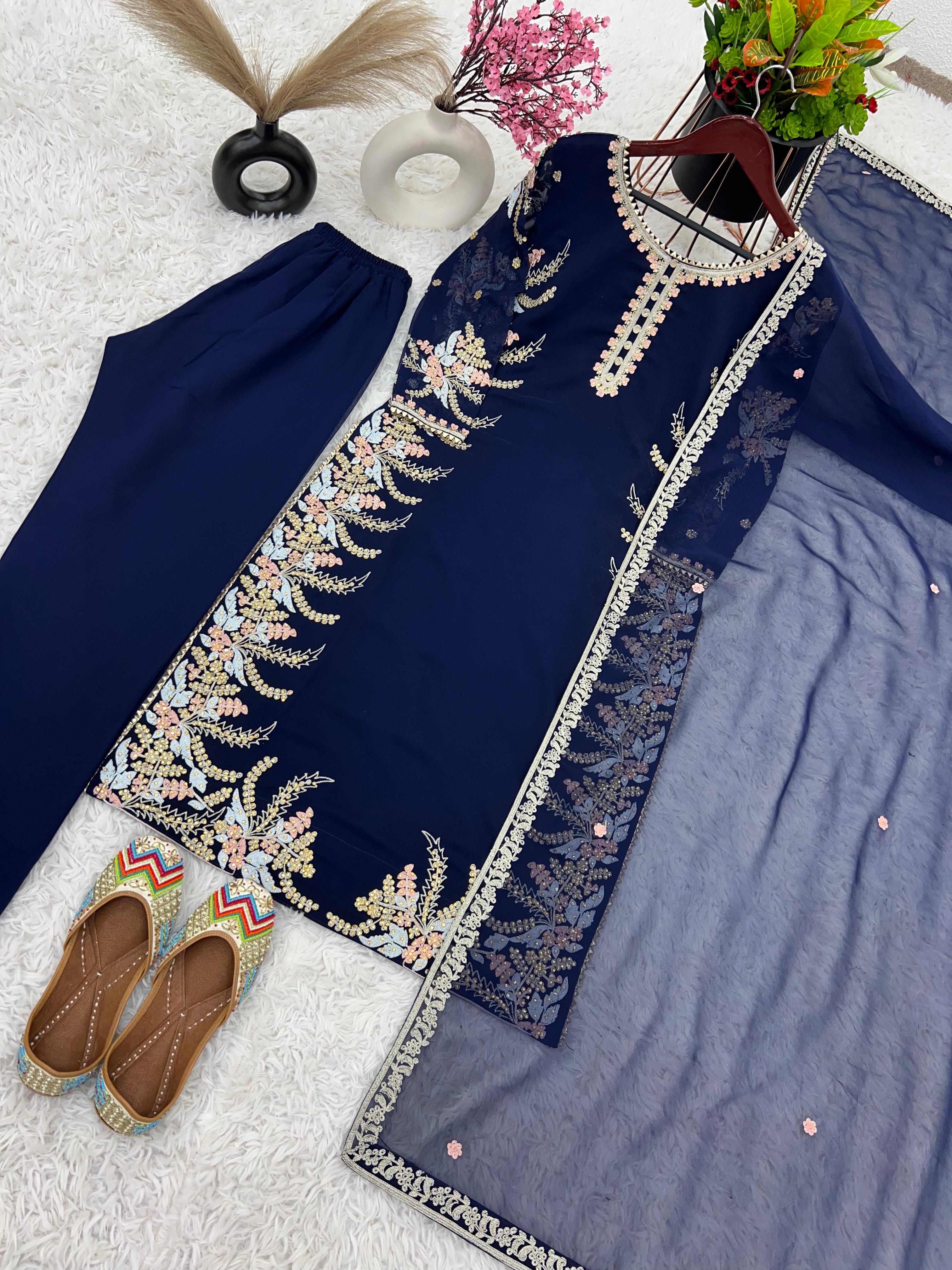 Fancy Embroidery With Diamond Work Navy Blue Kurti Set