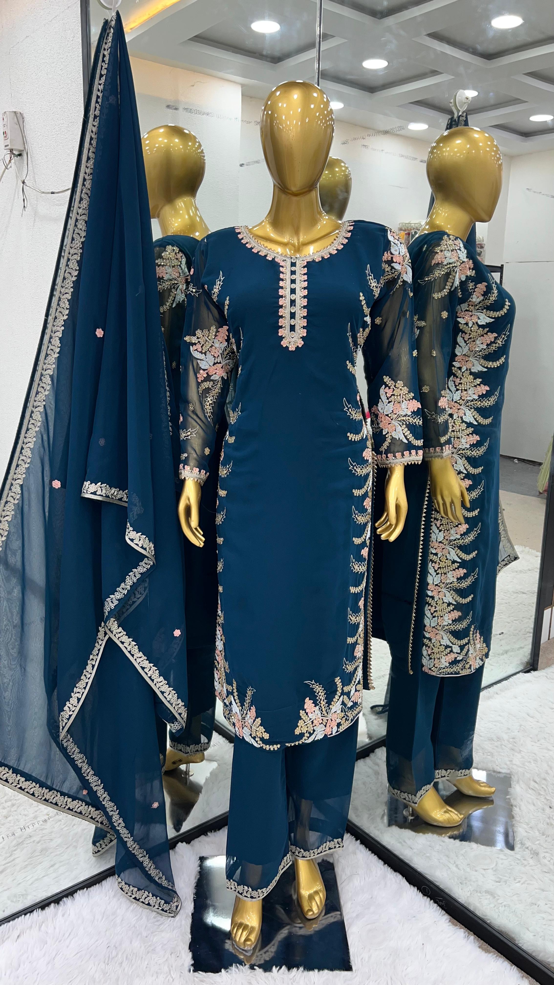 Fancy Embroidery With Diamond Work Teal Blue Kurti Set