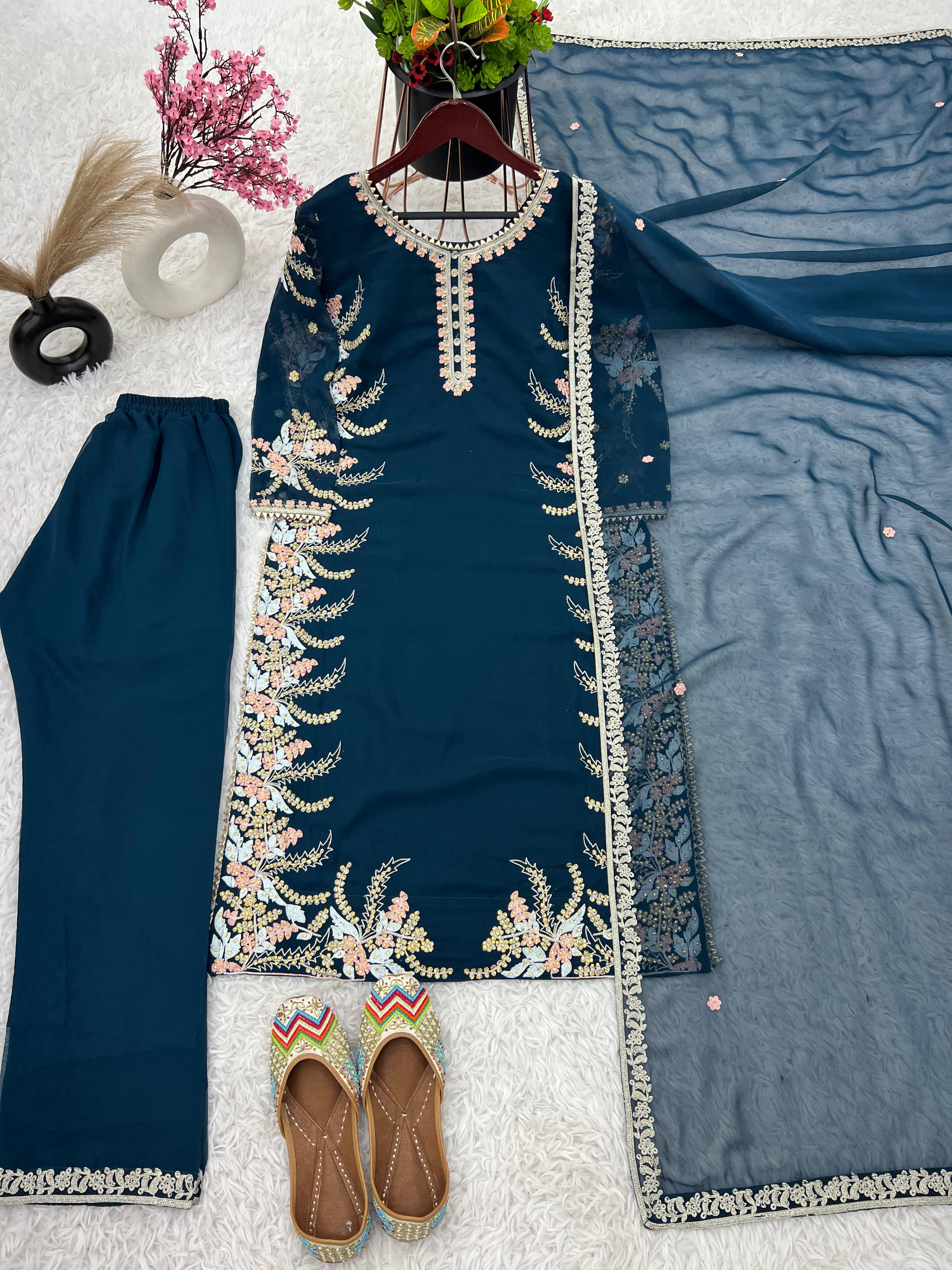 Fancy Embroidery With Diamond Work Teal Blue Kurti Set