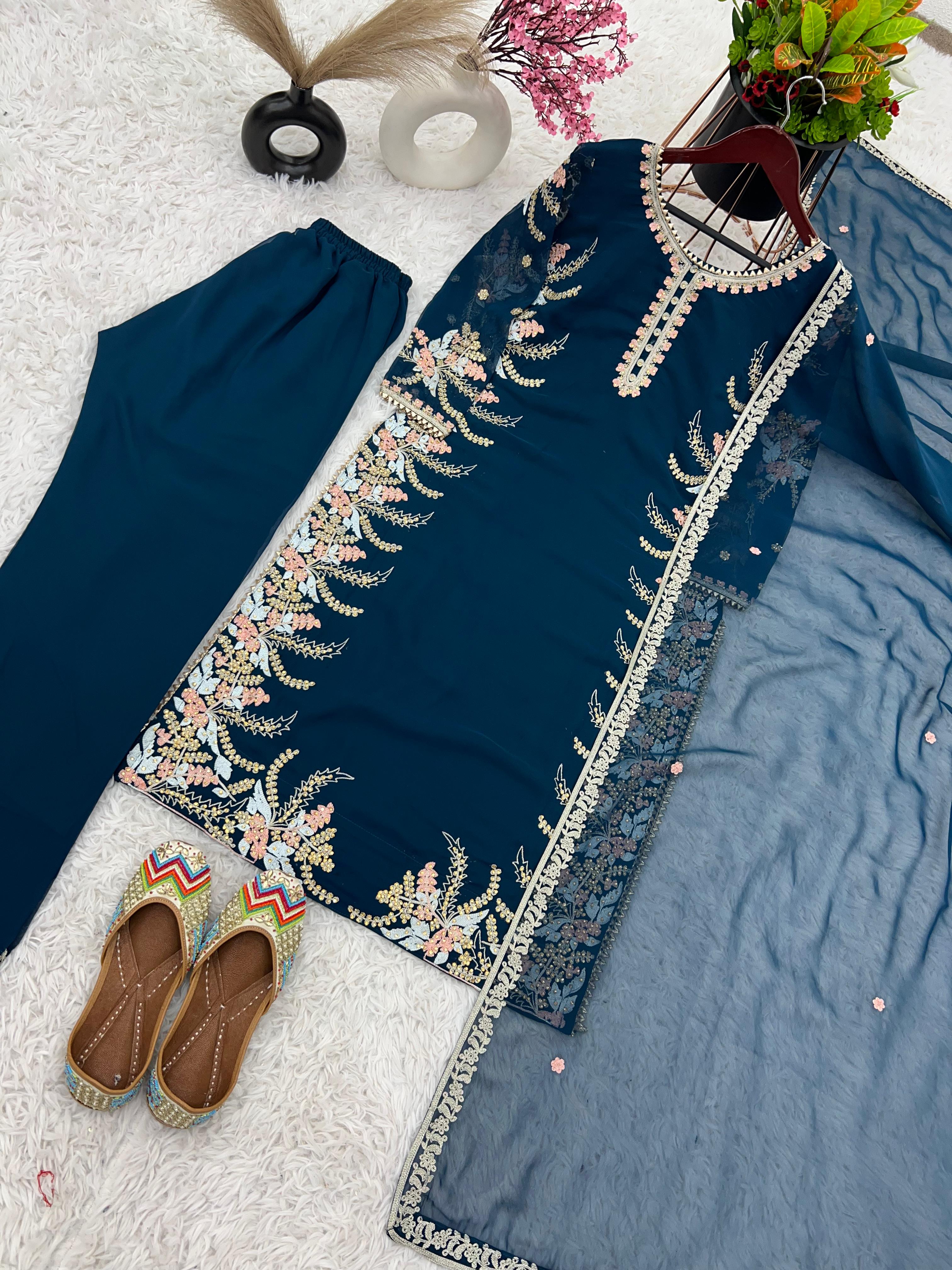 Fancy Embroidery With Diamond Work Teal Blue Kurti Set