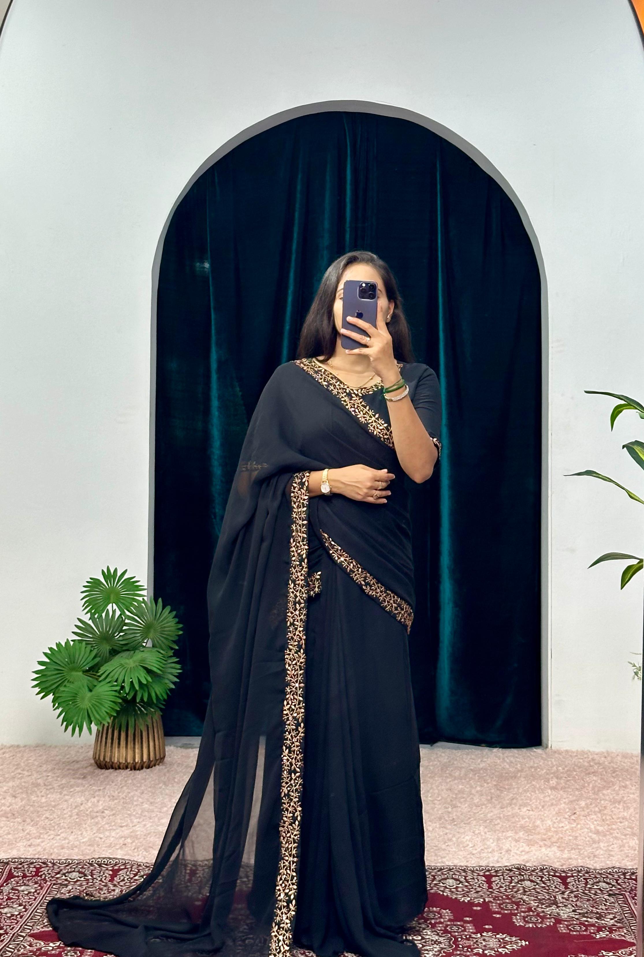 Stylish Pleated Black Color Gown With Attached Pallu Saree