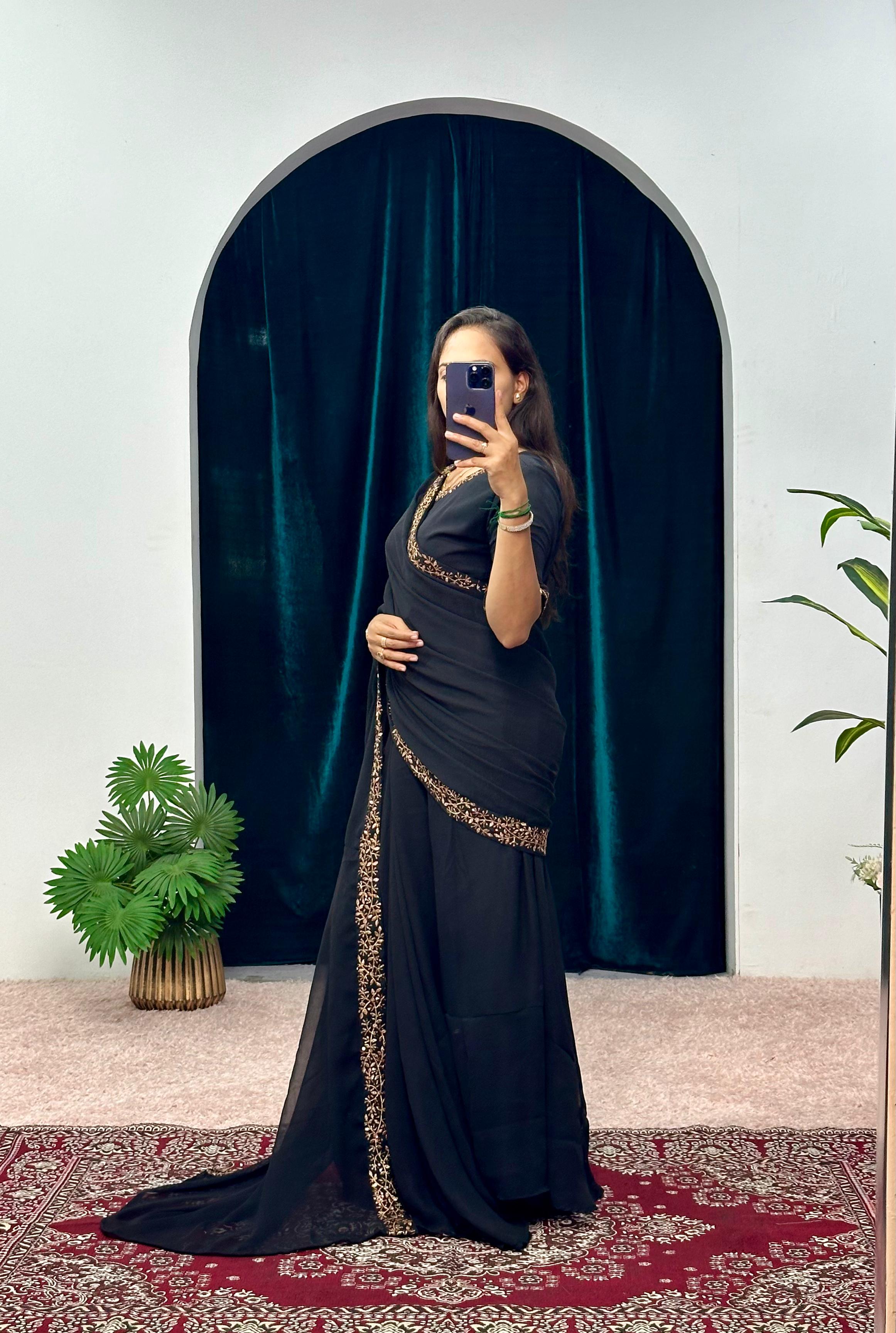 Stylish Pleated Black Color Gown With Attached Pallu Saree