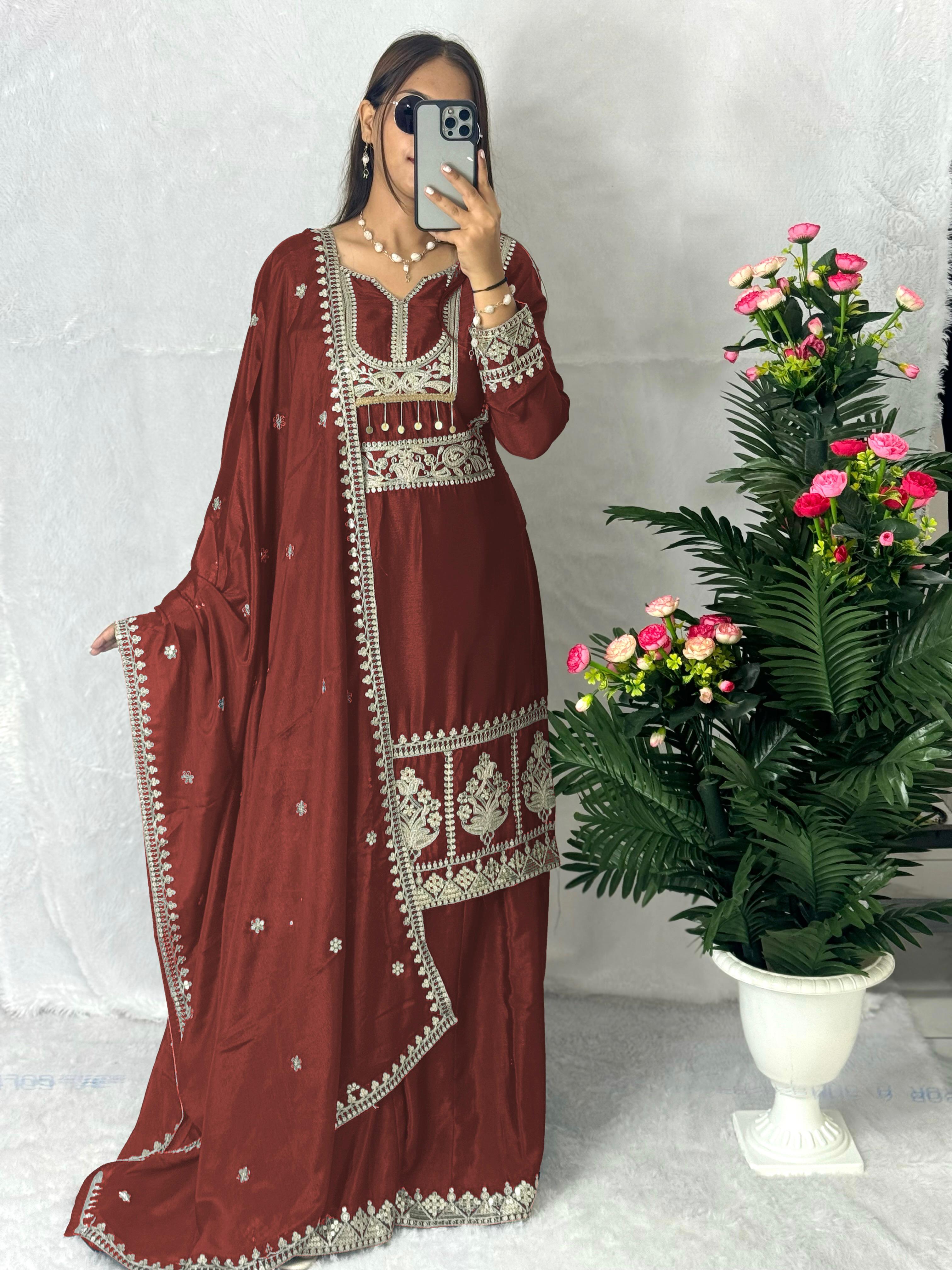 Function Wear Maroon Color Embroidery Work Sharara Suit