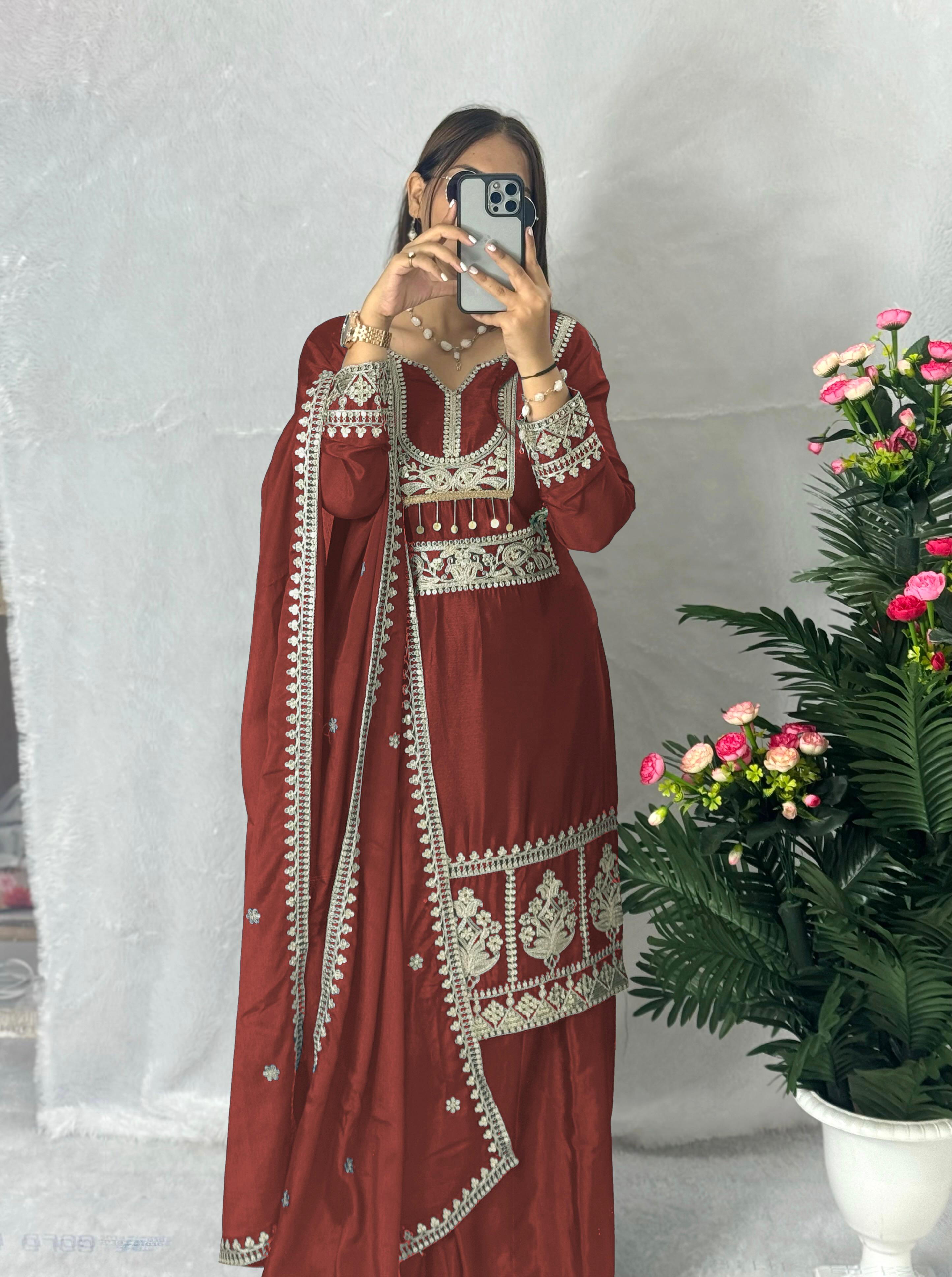 Function Wear Maroon Color Embroidery Work Sharara Suit