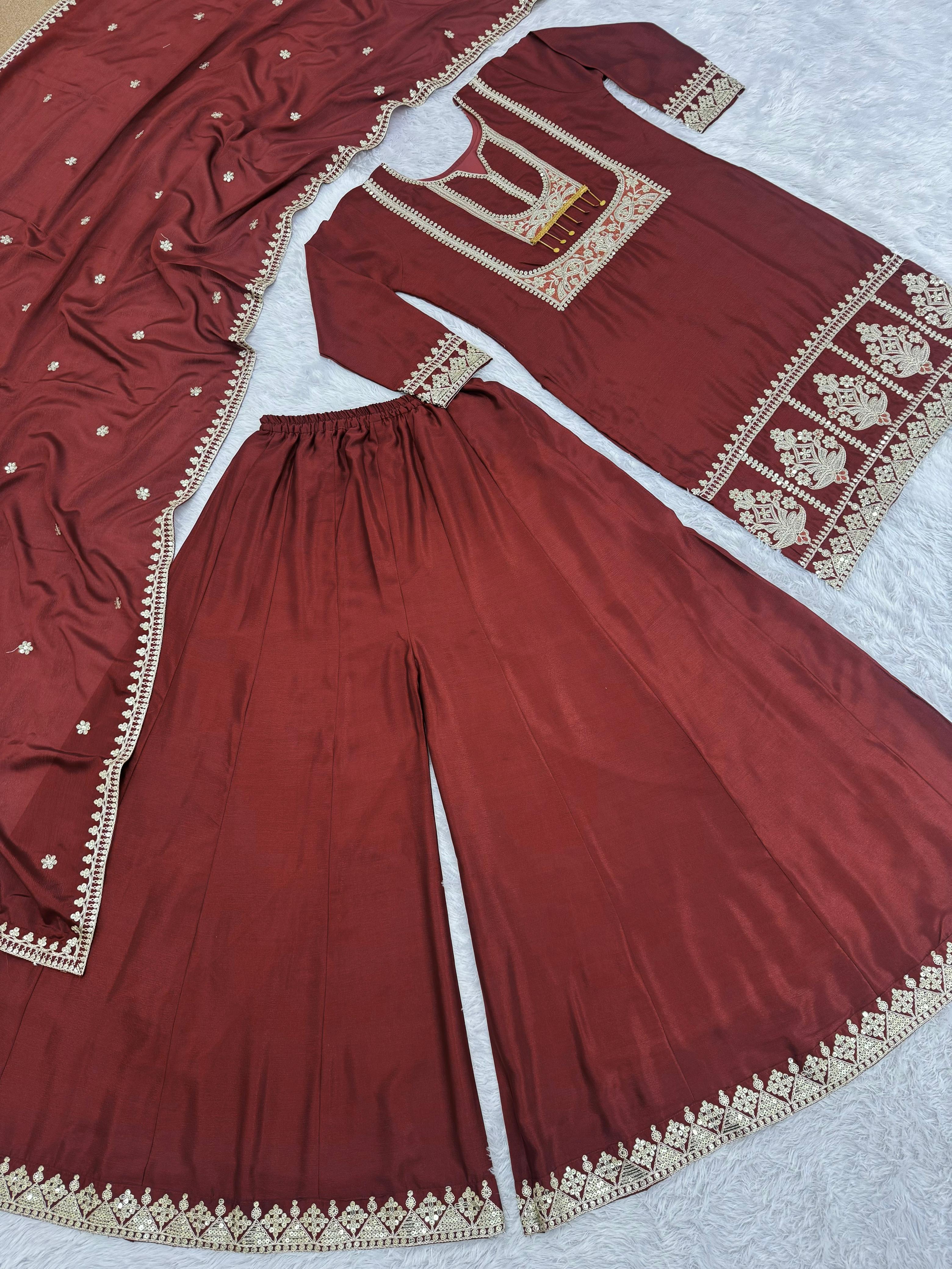 Function Wear Maroon Color Embroidery Work Sharara Suit