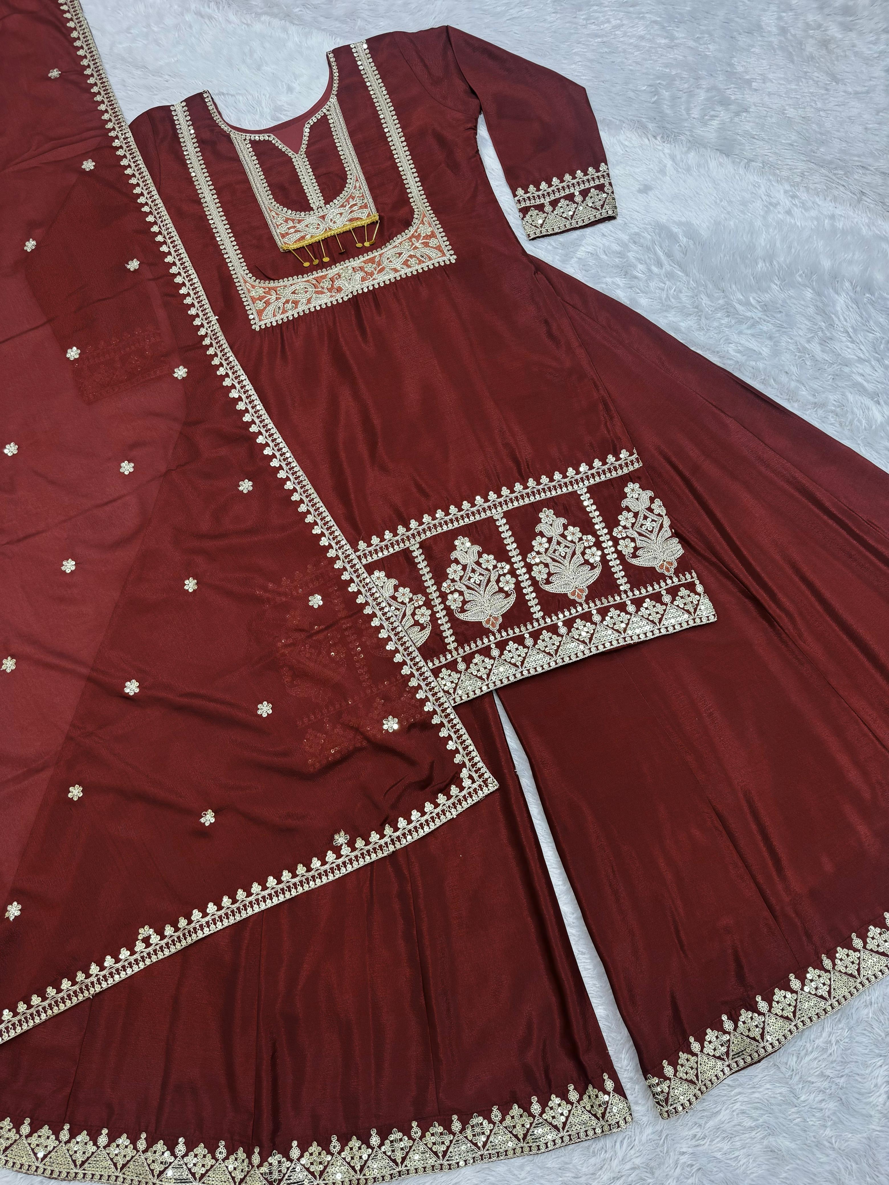 Function Wear Maroon Color Embroidery Work Sharara Suit