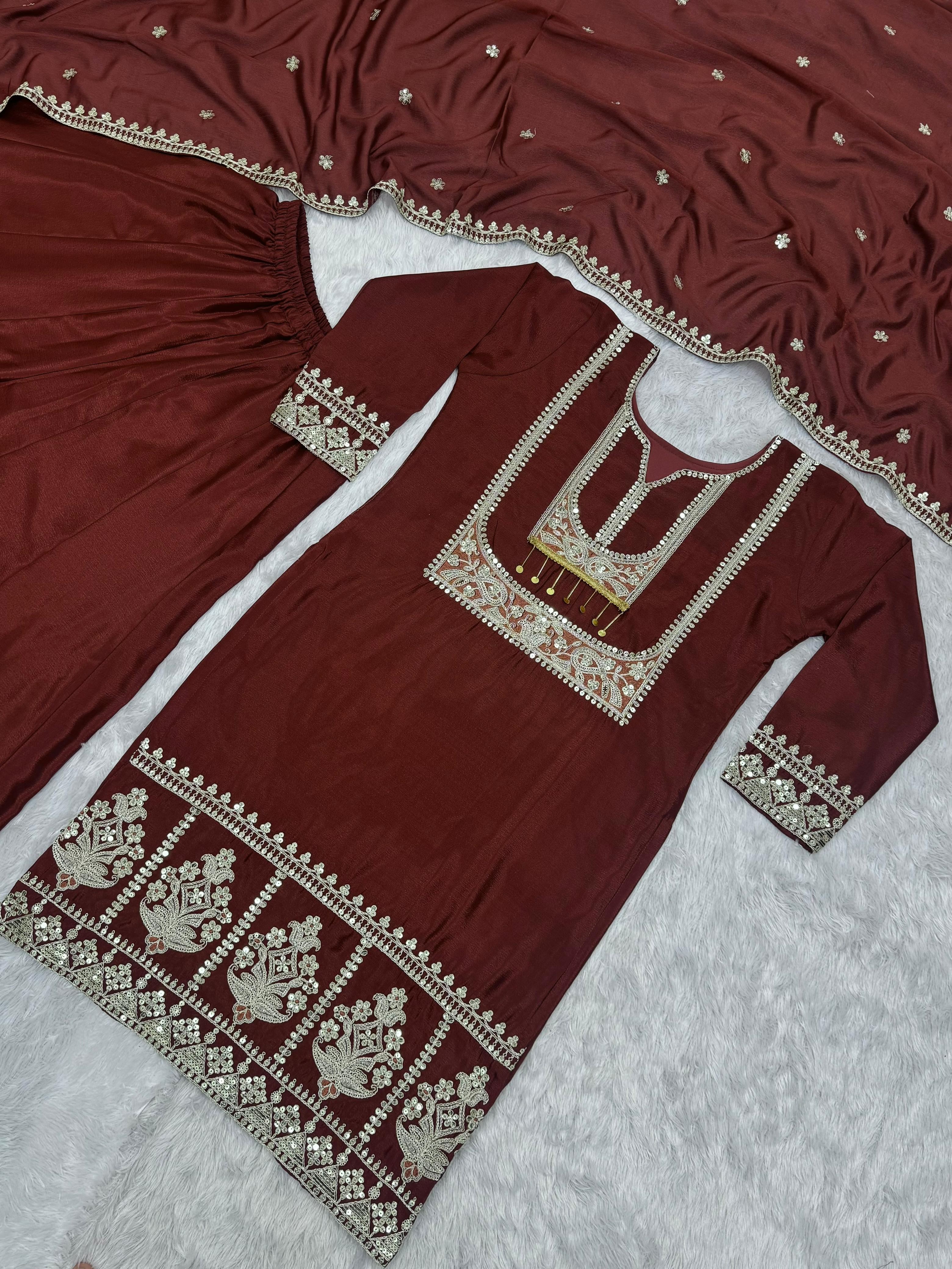 Function Wear Maroon Color Embroidery Work Sharara Suit