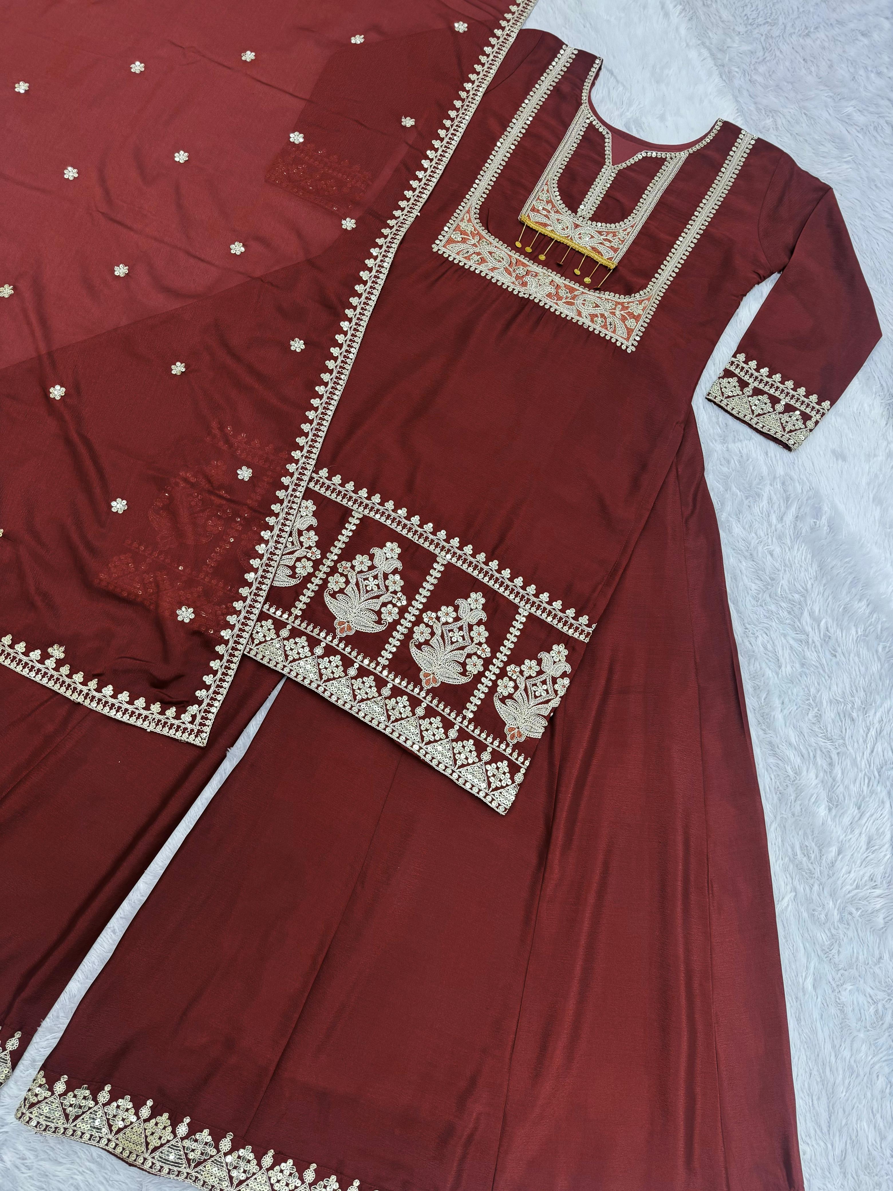 Function Wear Maroon Color Embroidery Work Sharara Suit