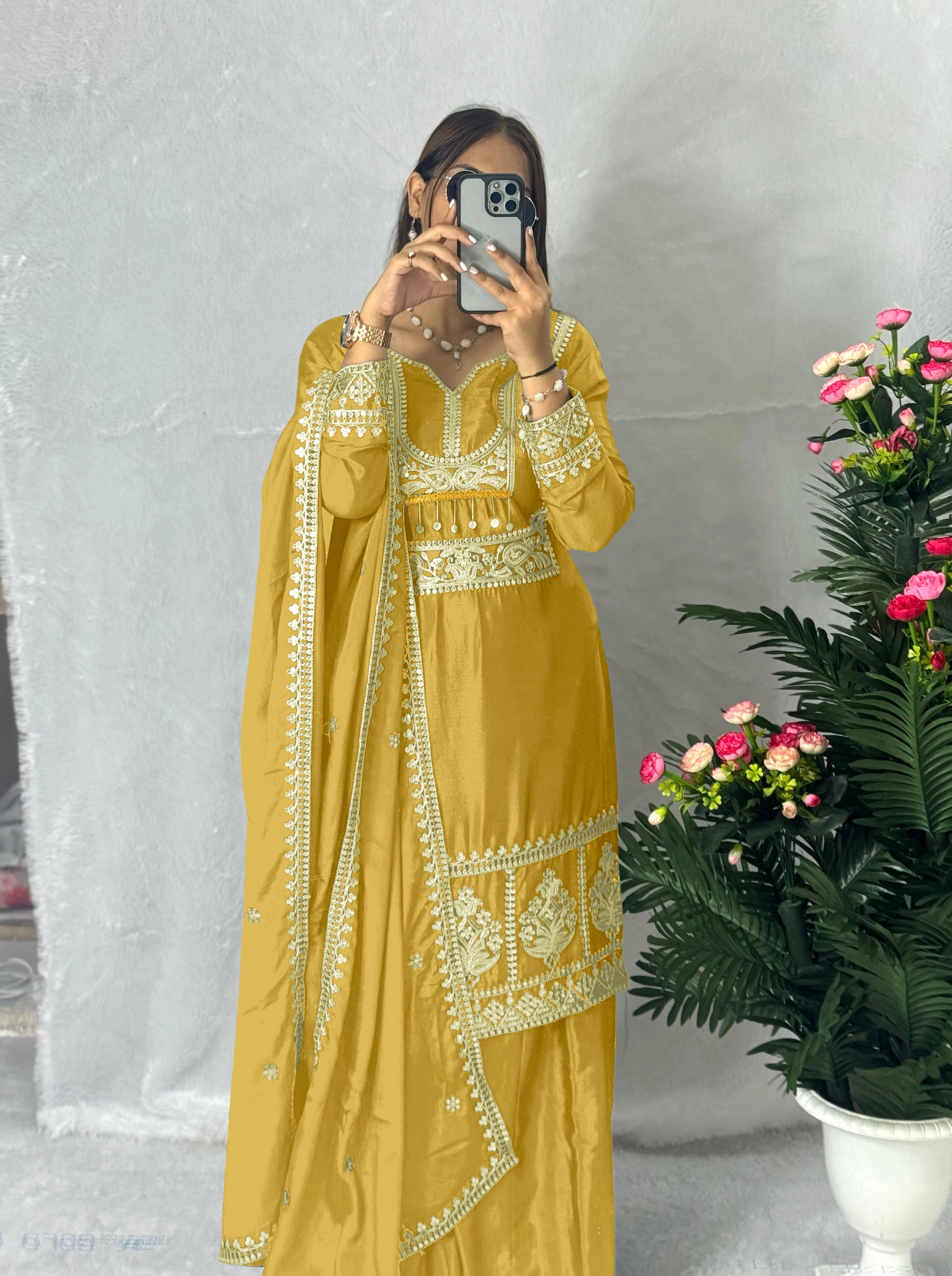 Function Wear Yellow Color Embroidery Work Sharara Suit