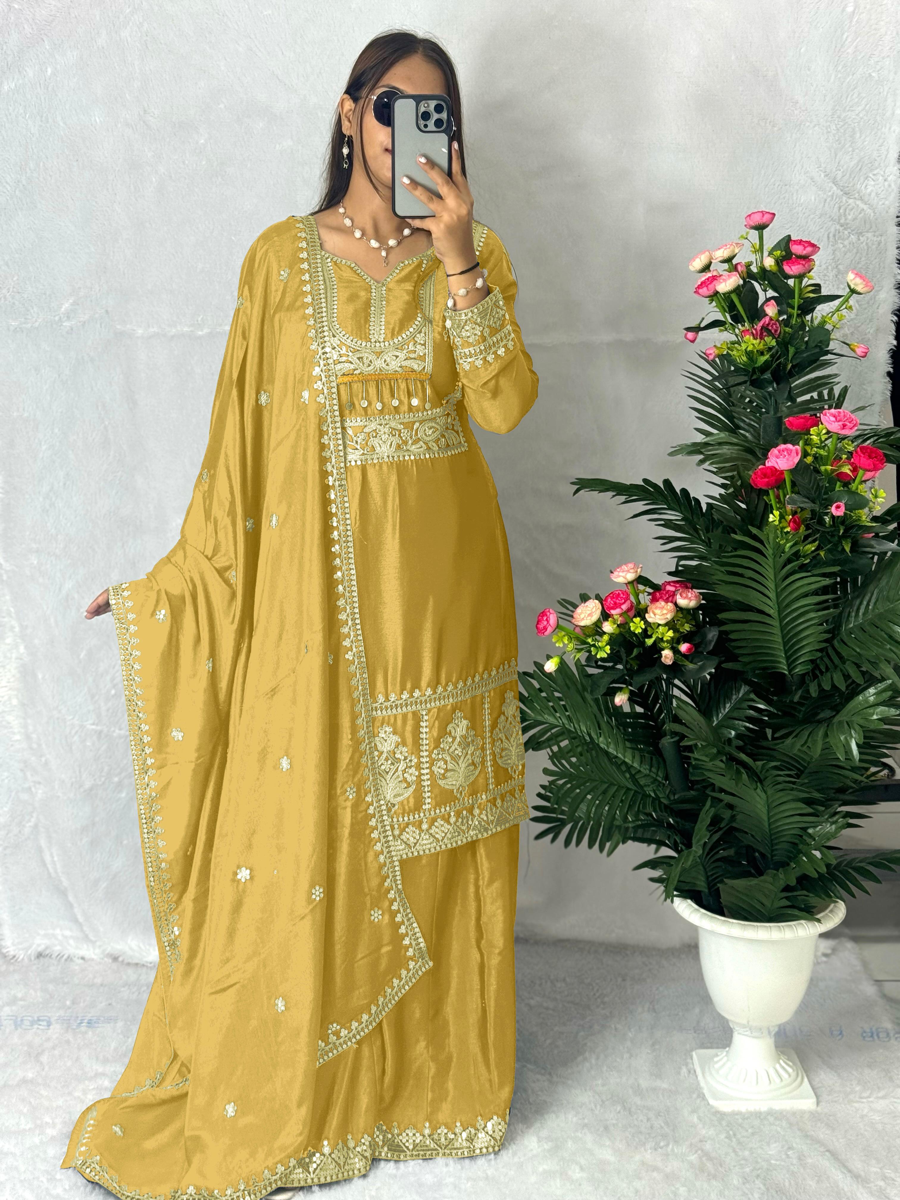 Function Wear Yellow Color Embroidery Work Sharara Suit