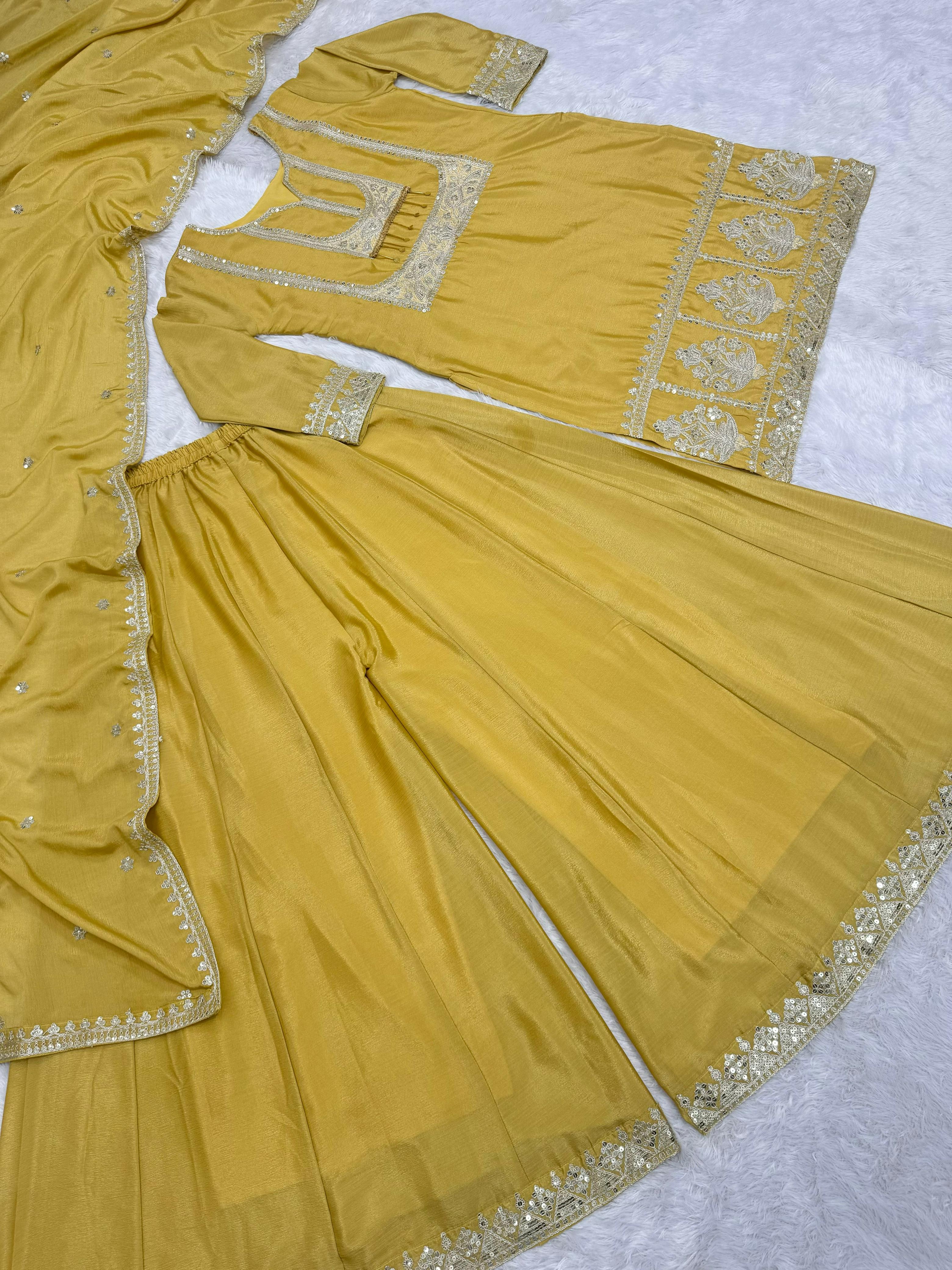 Function Wear Yellow Color Embroidery Work Sharara Suit