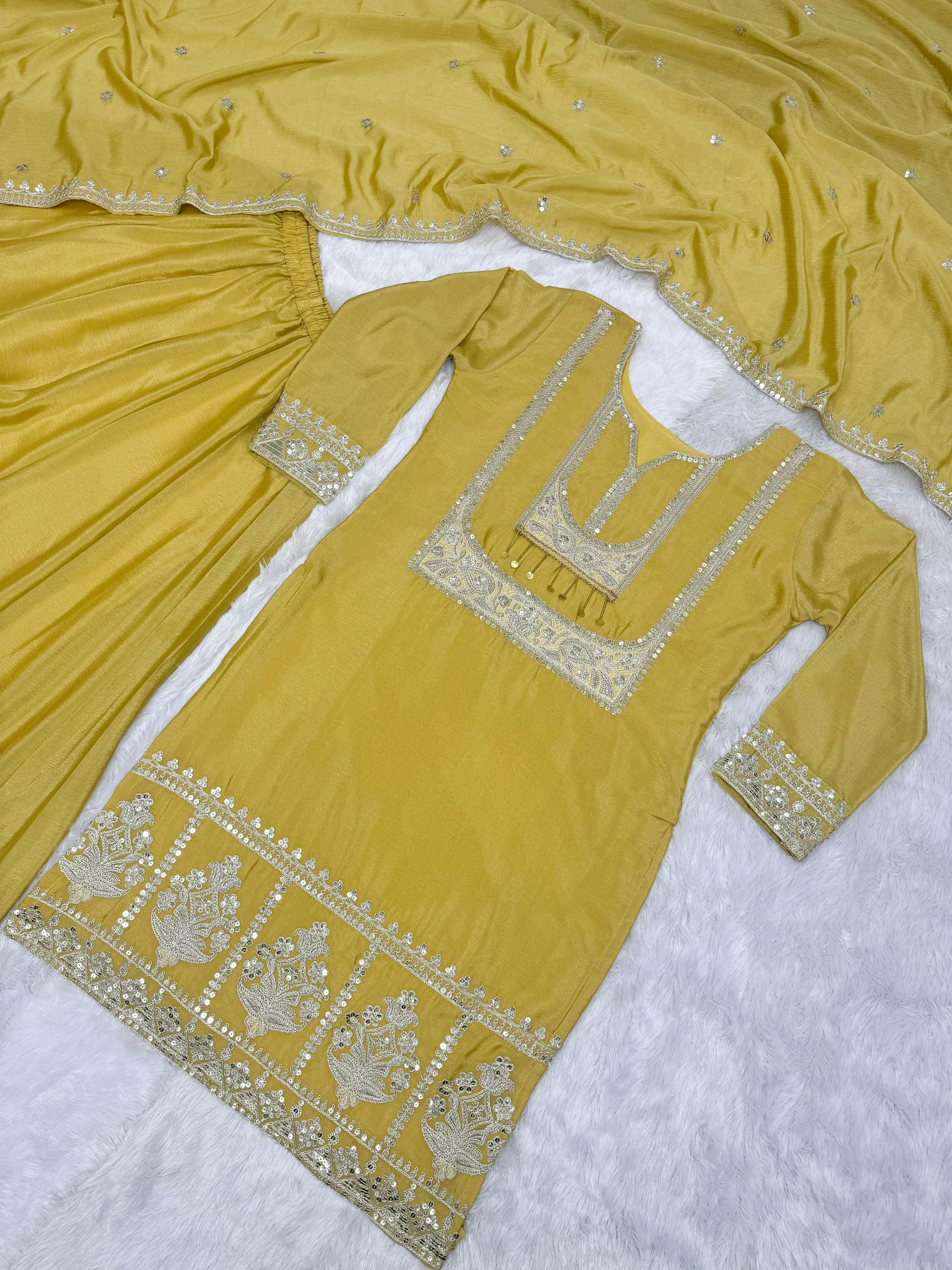 Function Wear Yellow Color Embroidery Work Sharara Suit