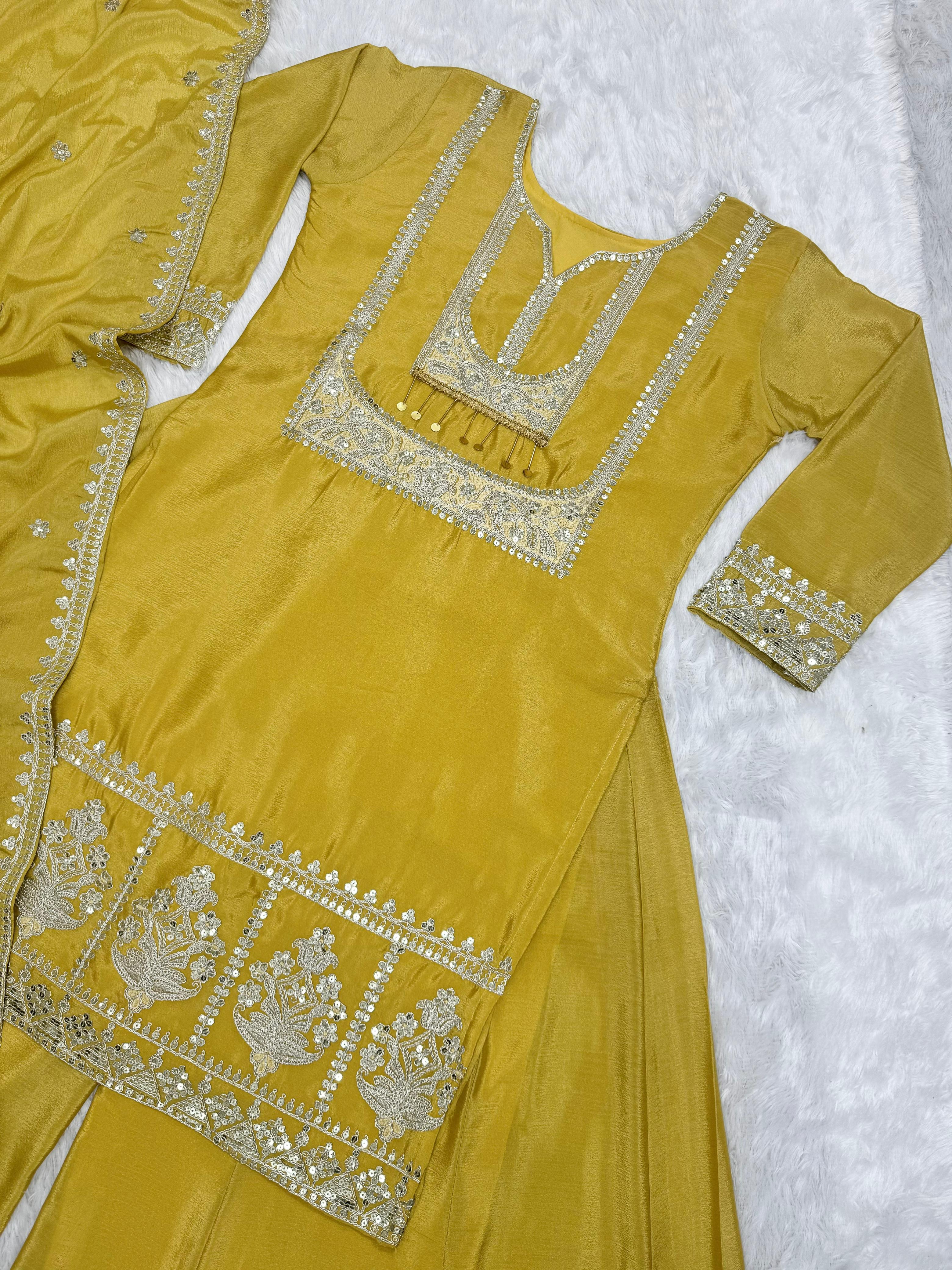 Function Wear Yellow Color Embroidery Work Sharara Suit