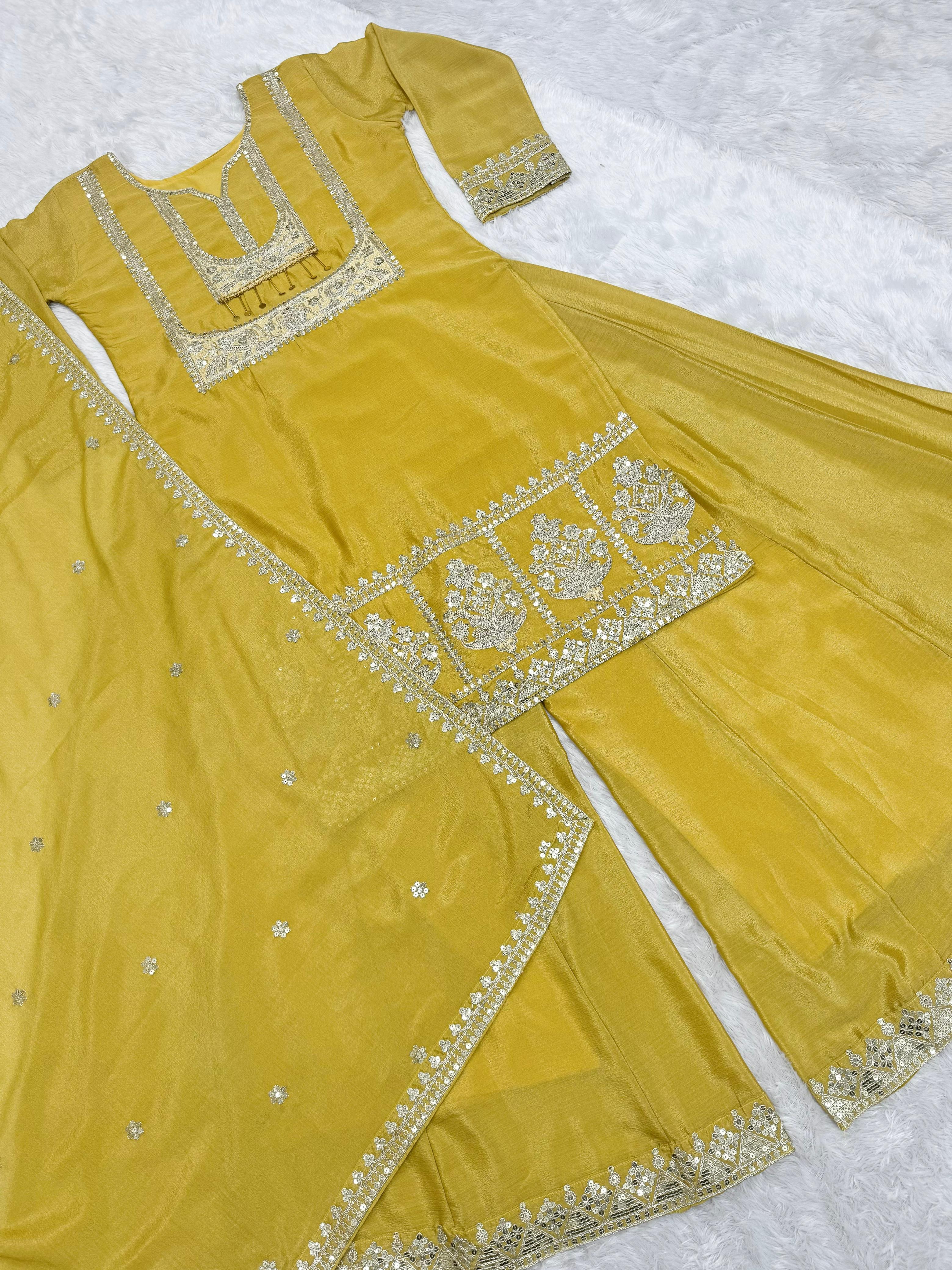 Function Wear Yellow Color Embroidery Work Sharara Suit