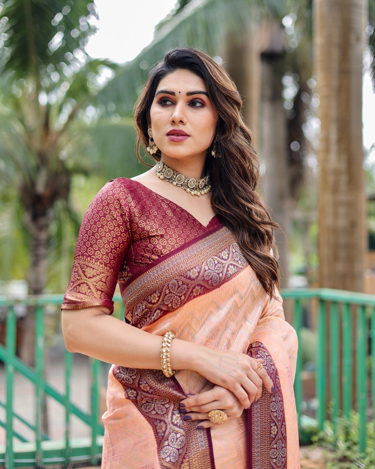 Zig Zag Print Maroon Border With Peach Kanjivaram Silk Saree