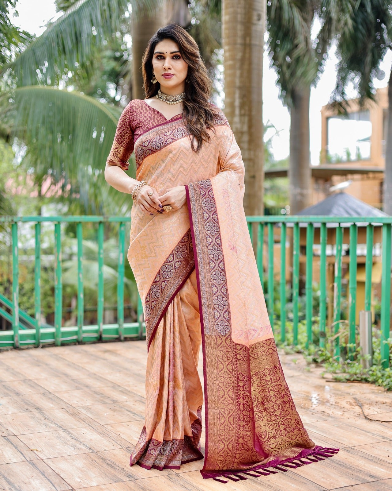 Zig Zag Print Maroon Border With Peach Kanjivaram Silk Saree