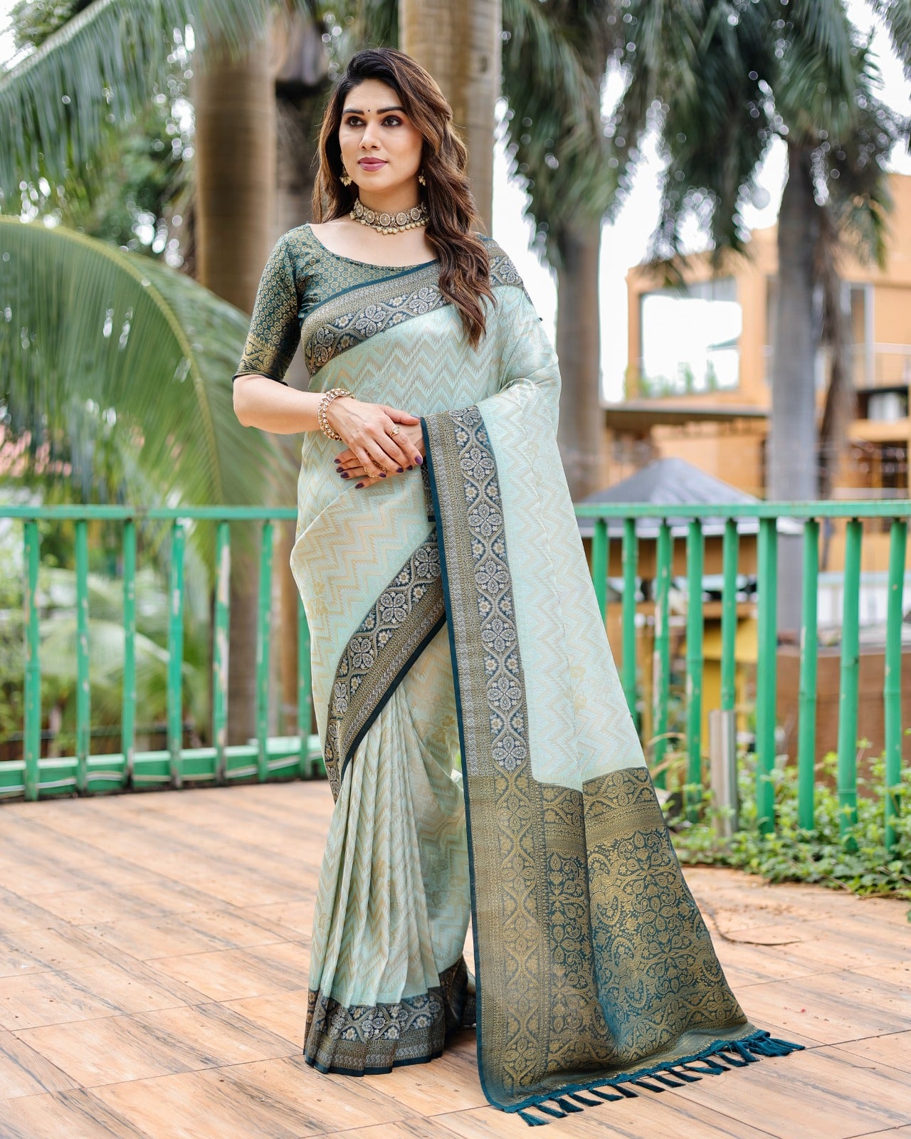 Zig Zag Print Blue Border With Sky Blue Kanjivaram Silk Saree