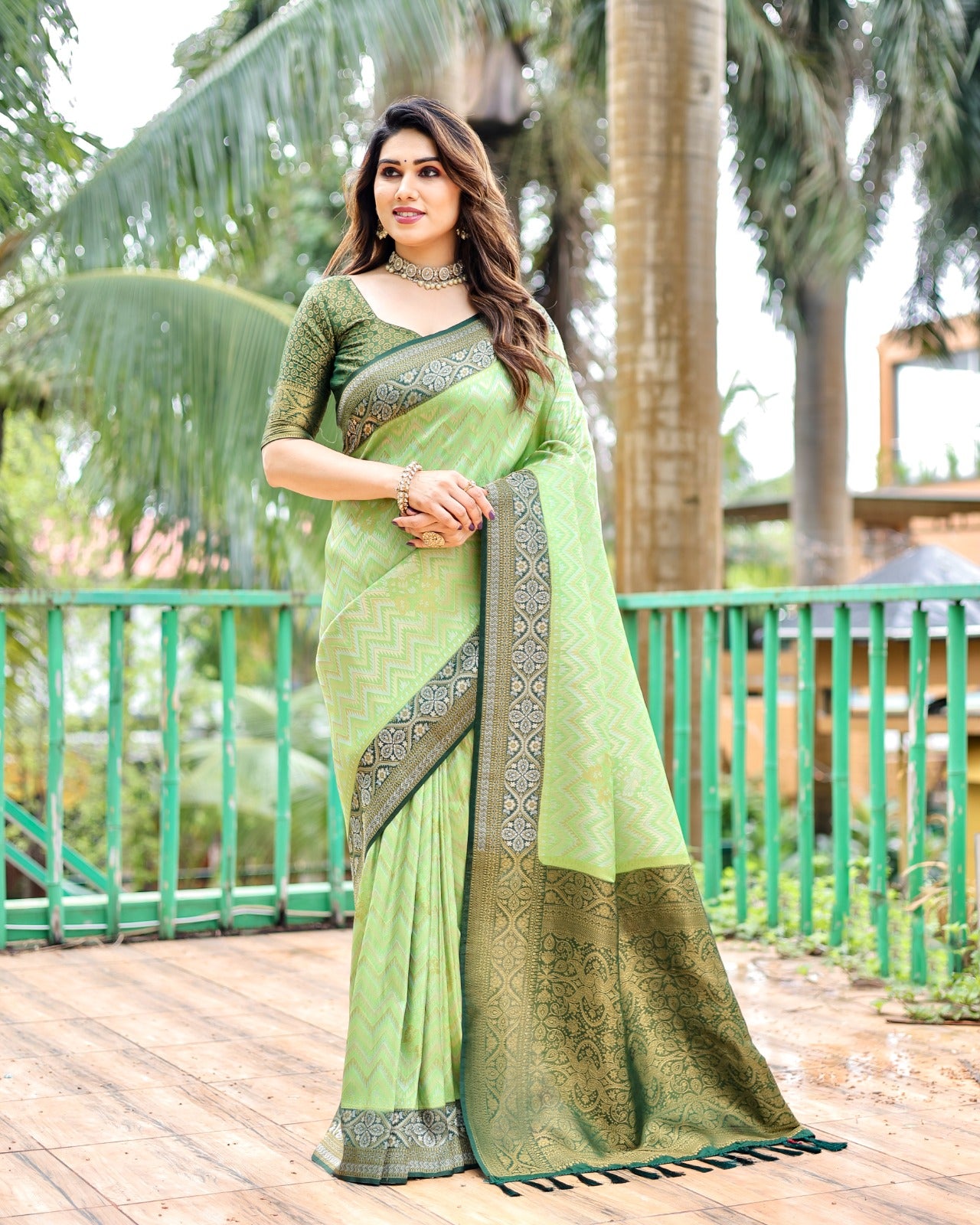 Zig Zag Print Green Border With Pista Kanjivaram Silk Saree