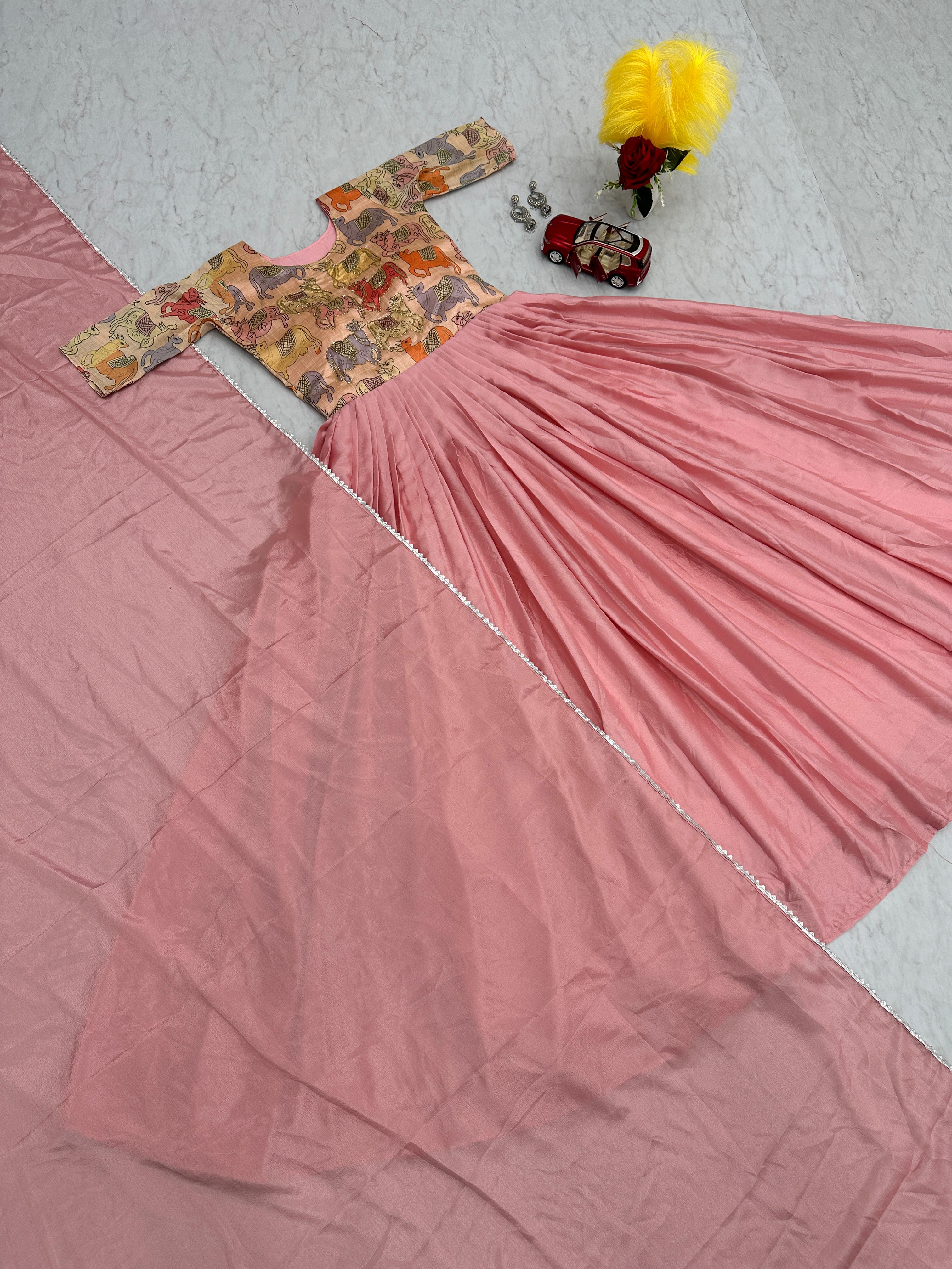 Presenting Kalamkari Print Peach Hand Work Gown