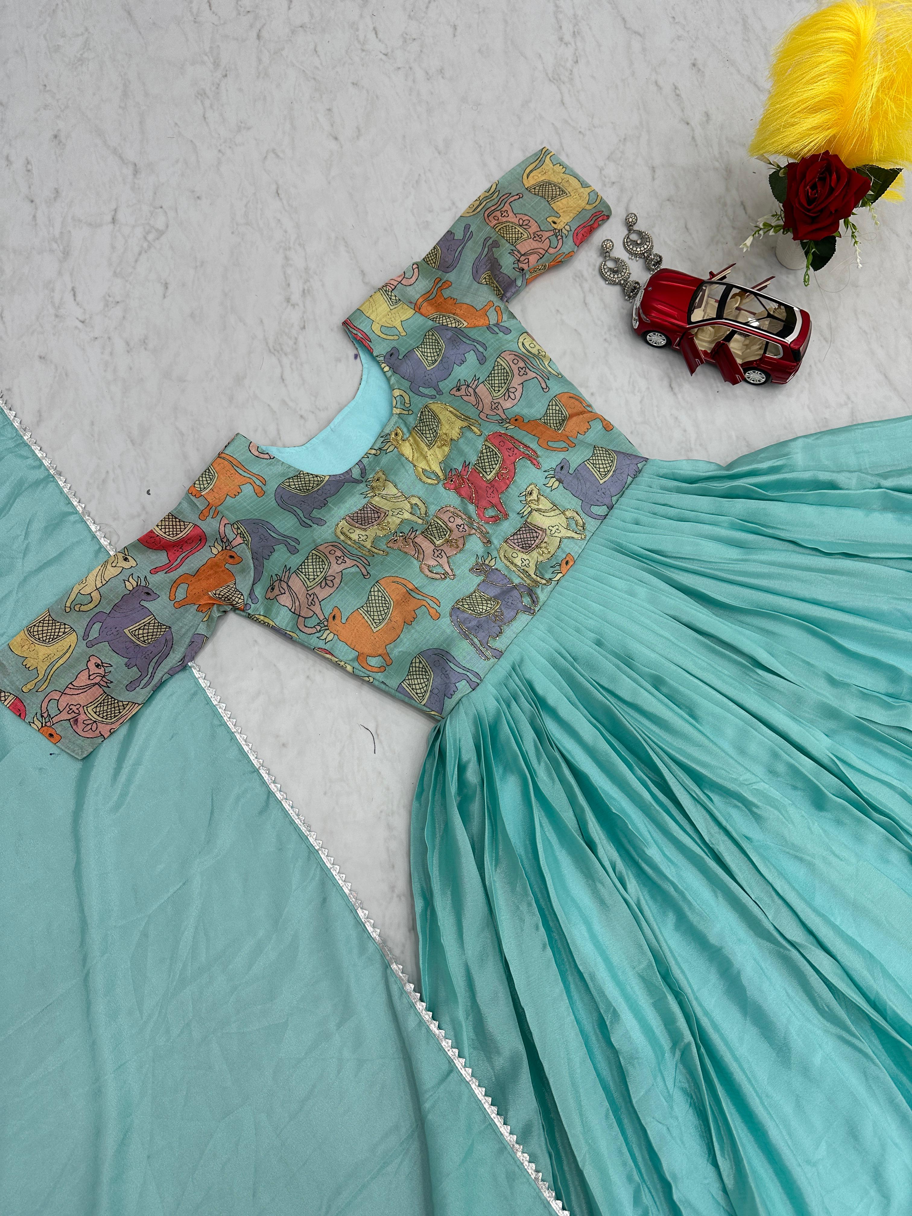 Presenting Kalamkari Print Sky Blue Hand Work Gown