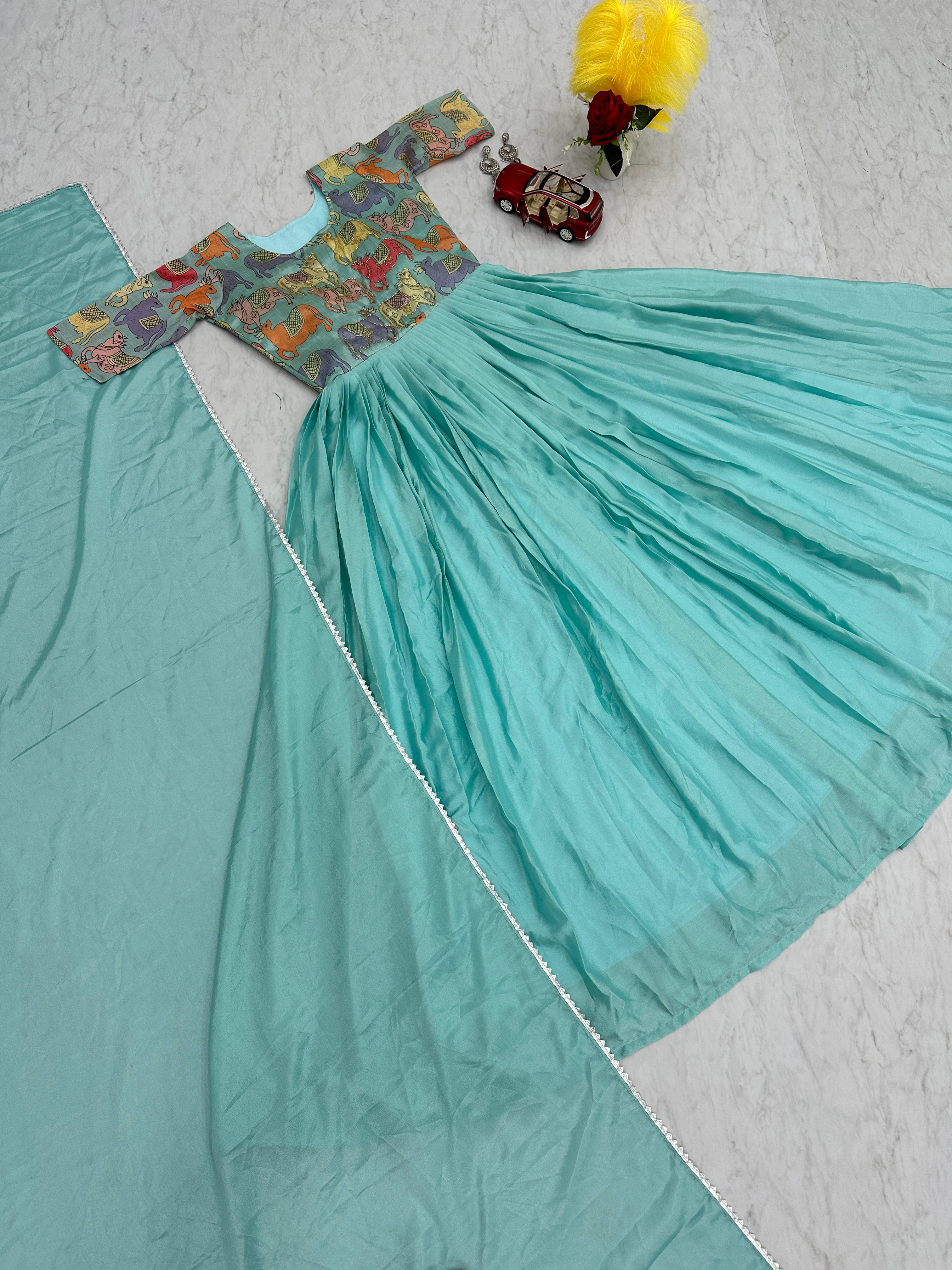 Presenting Kalamkari Print Sky Blue Hand Work Gown