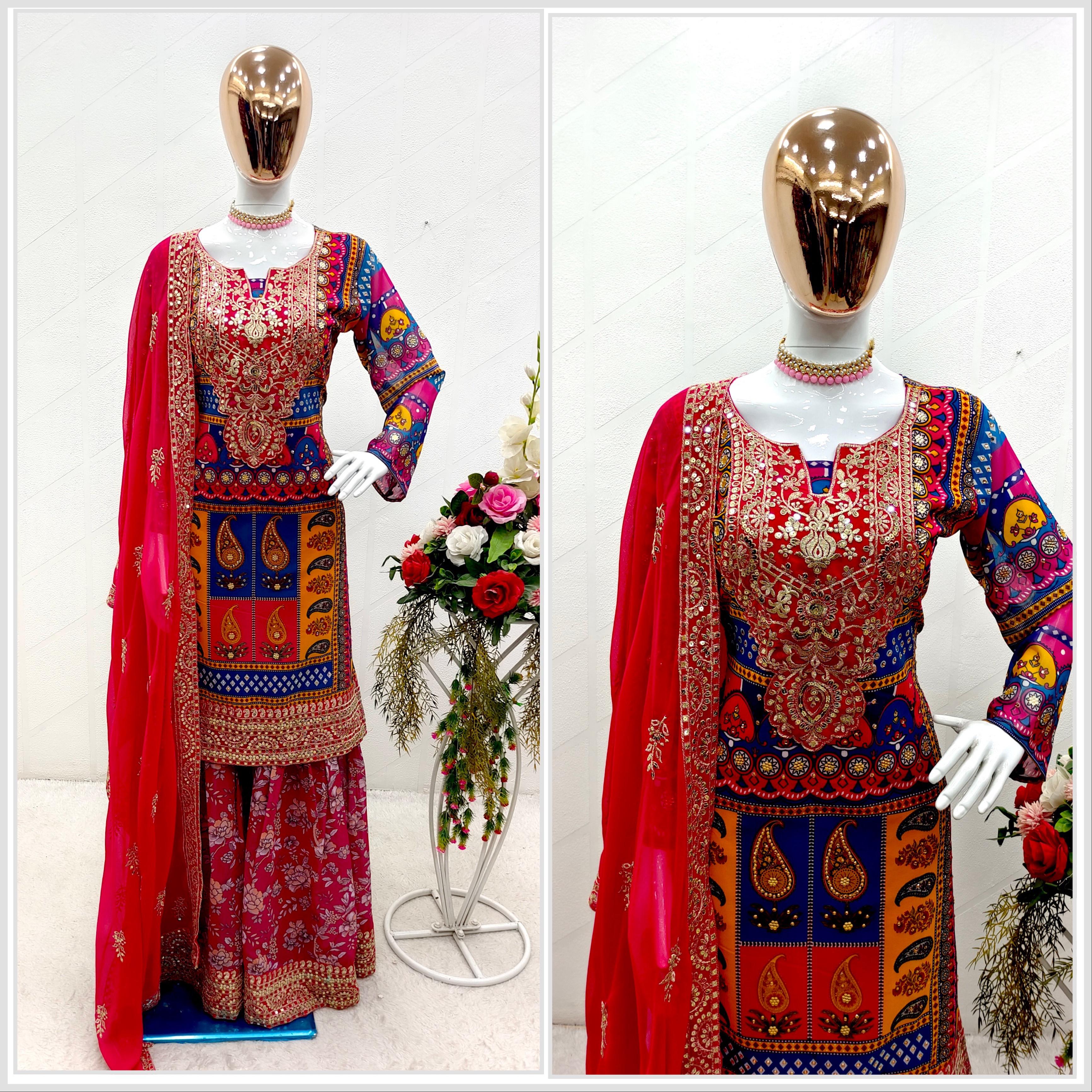 Multi Design Pretty Digital Print Red Color Sharara Suit