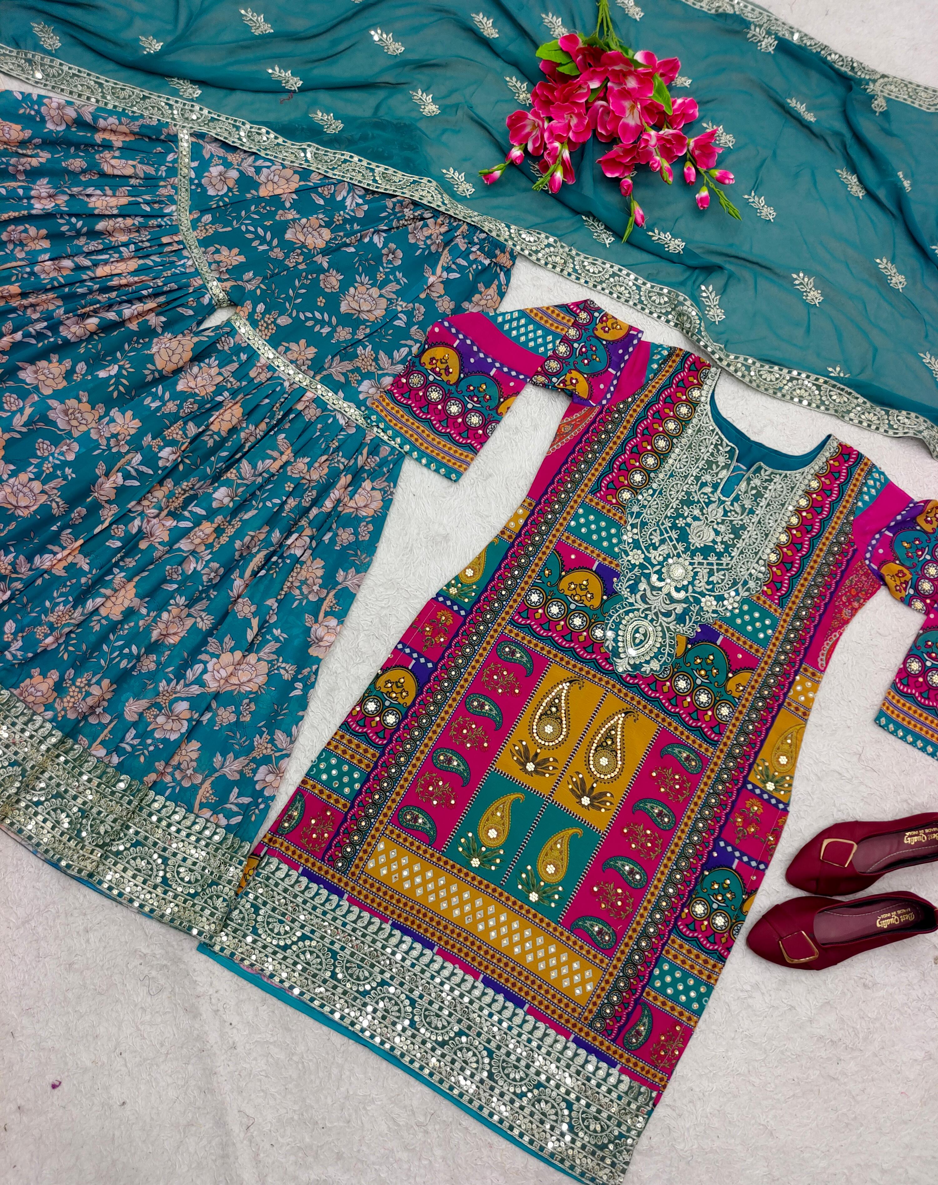 Multi Design Pretty Digital Print Blue Color Sharara Suit