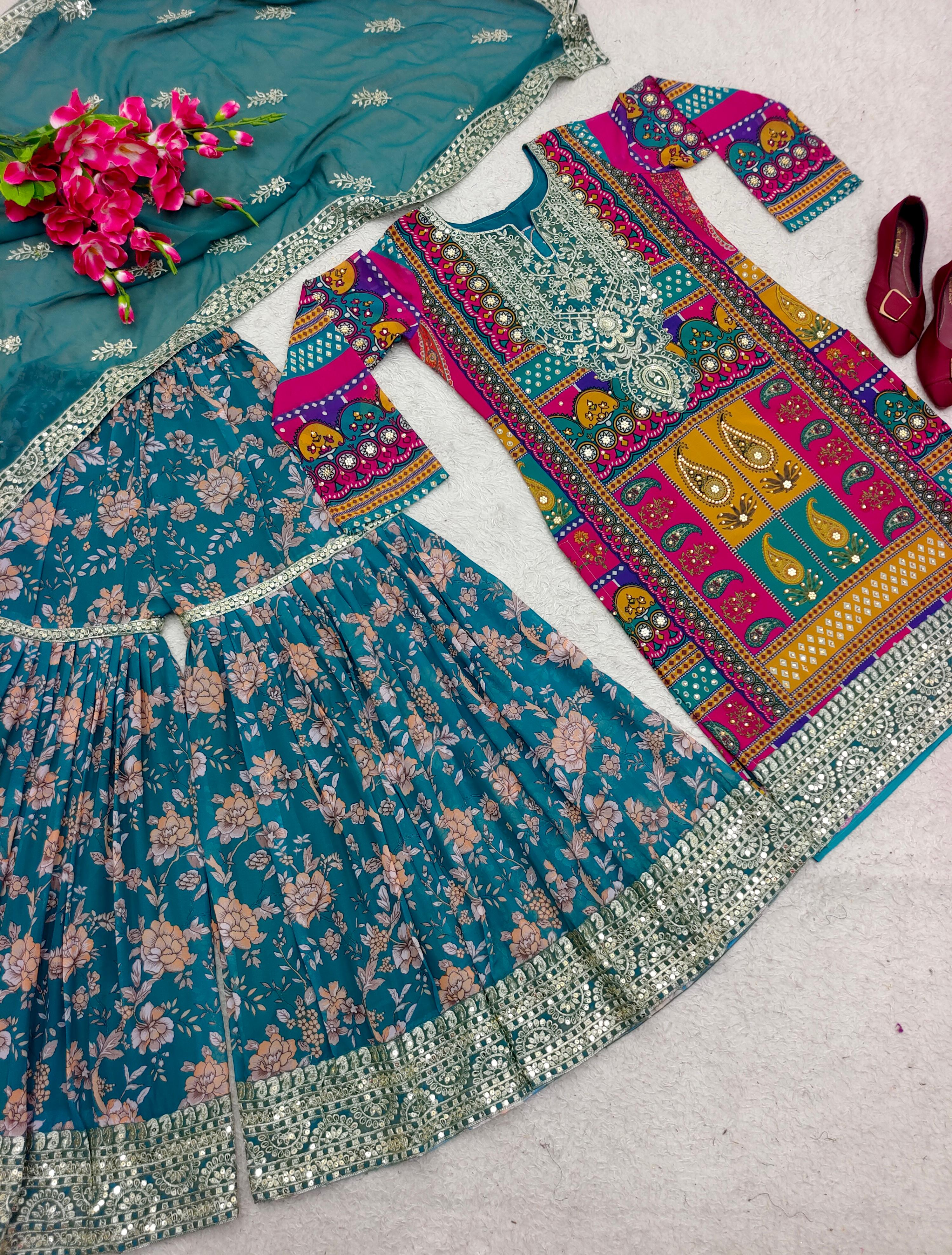 Multi Design Pretty Digital Print Blue Color Sharara Suit