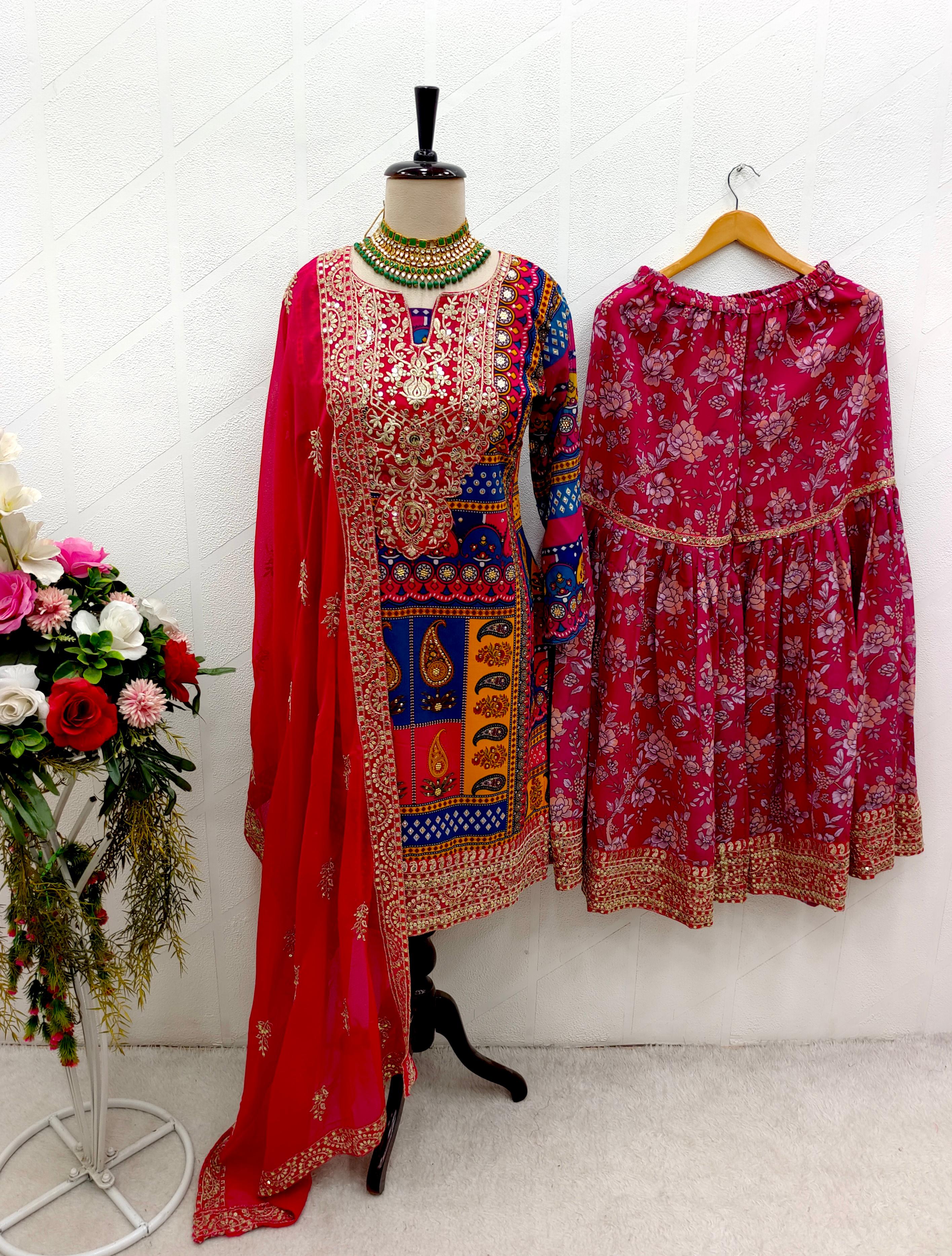 Multi Design Pretty Digital Print Red Color Sharara Suit