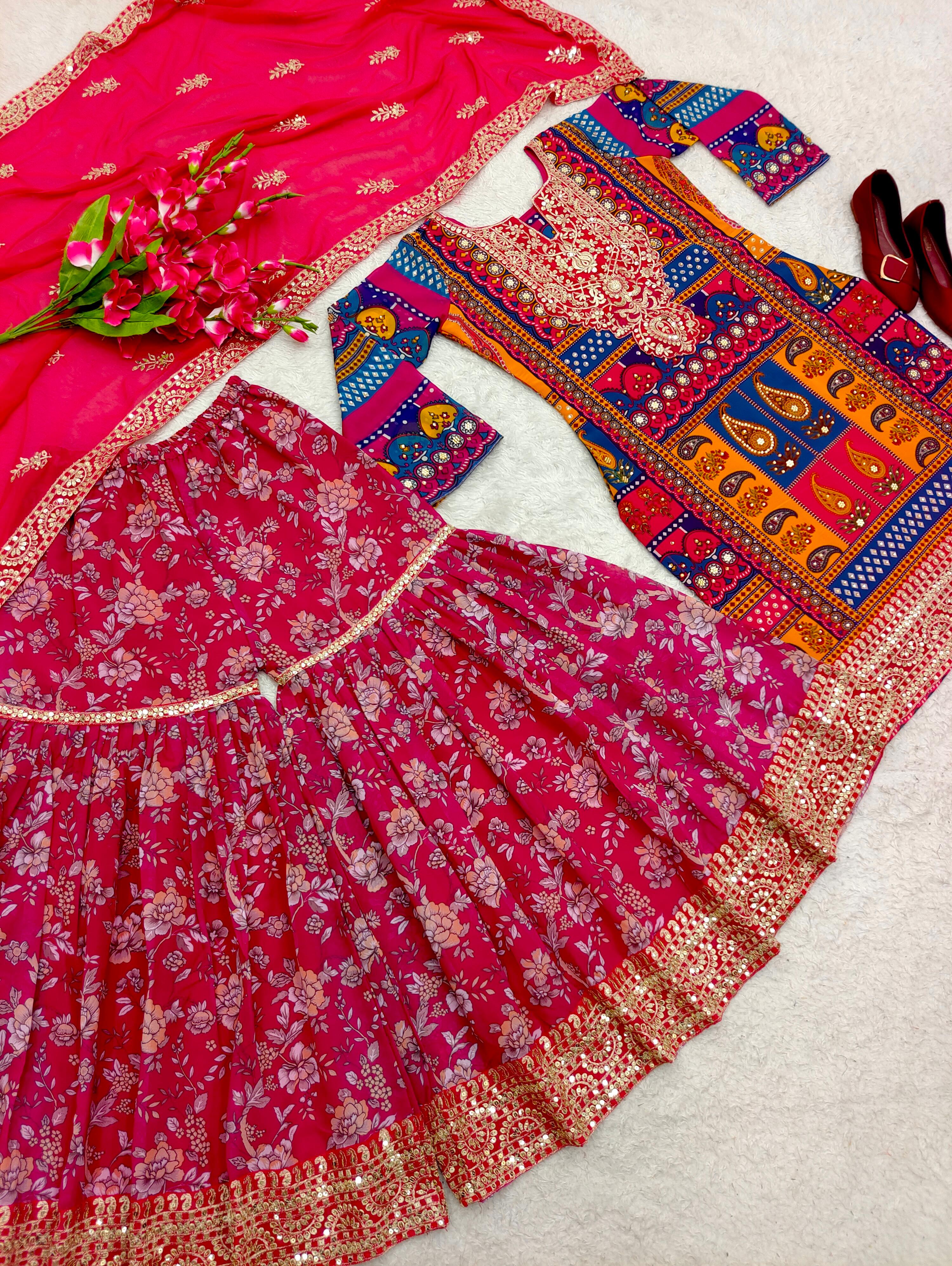 Multi Design Pretty Digital Print Red Color Sharara Suit