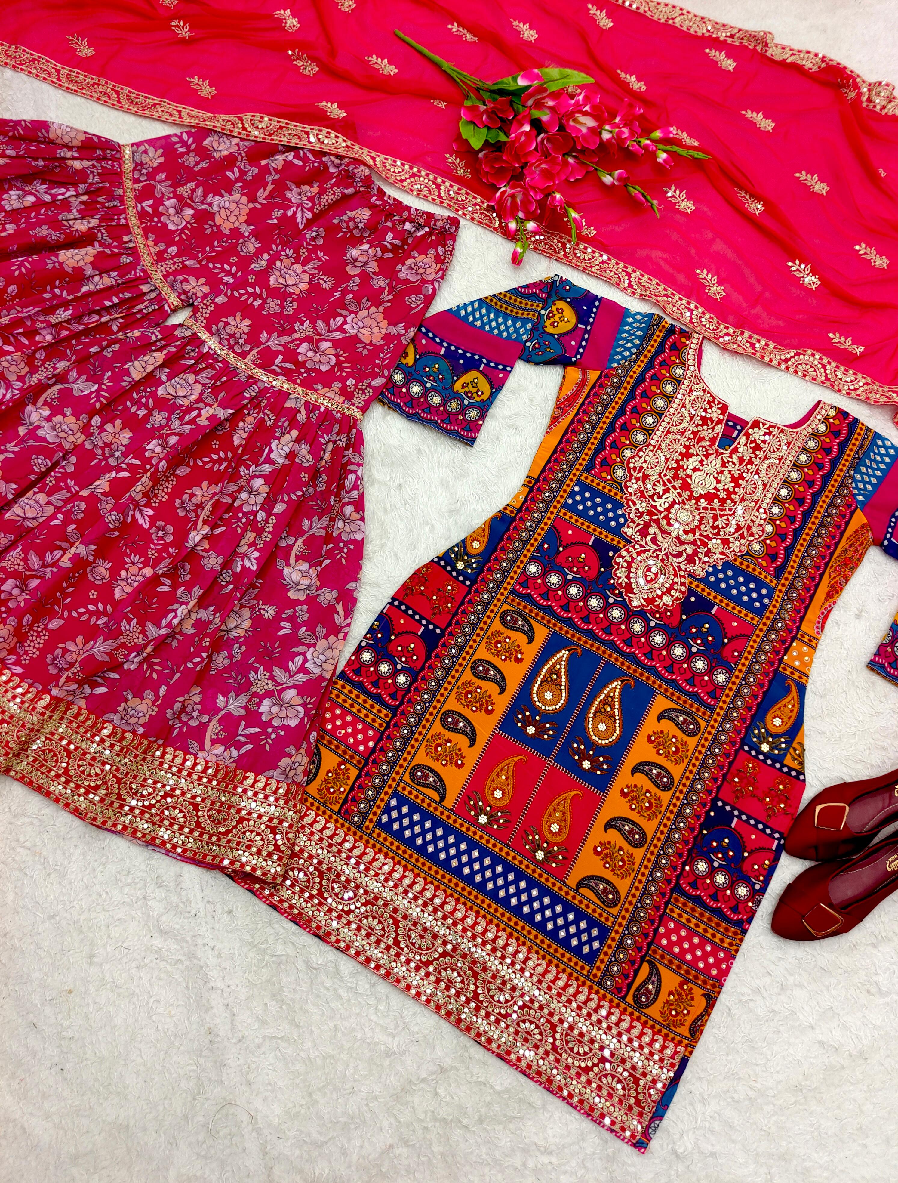 Multi Design Pretty Digital Print Red Color Sharara Suit