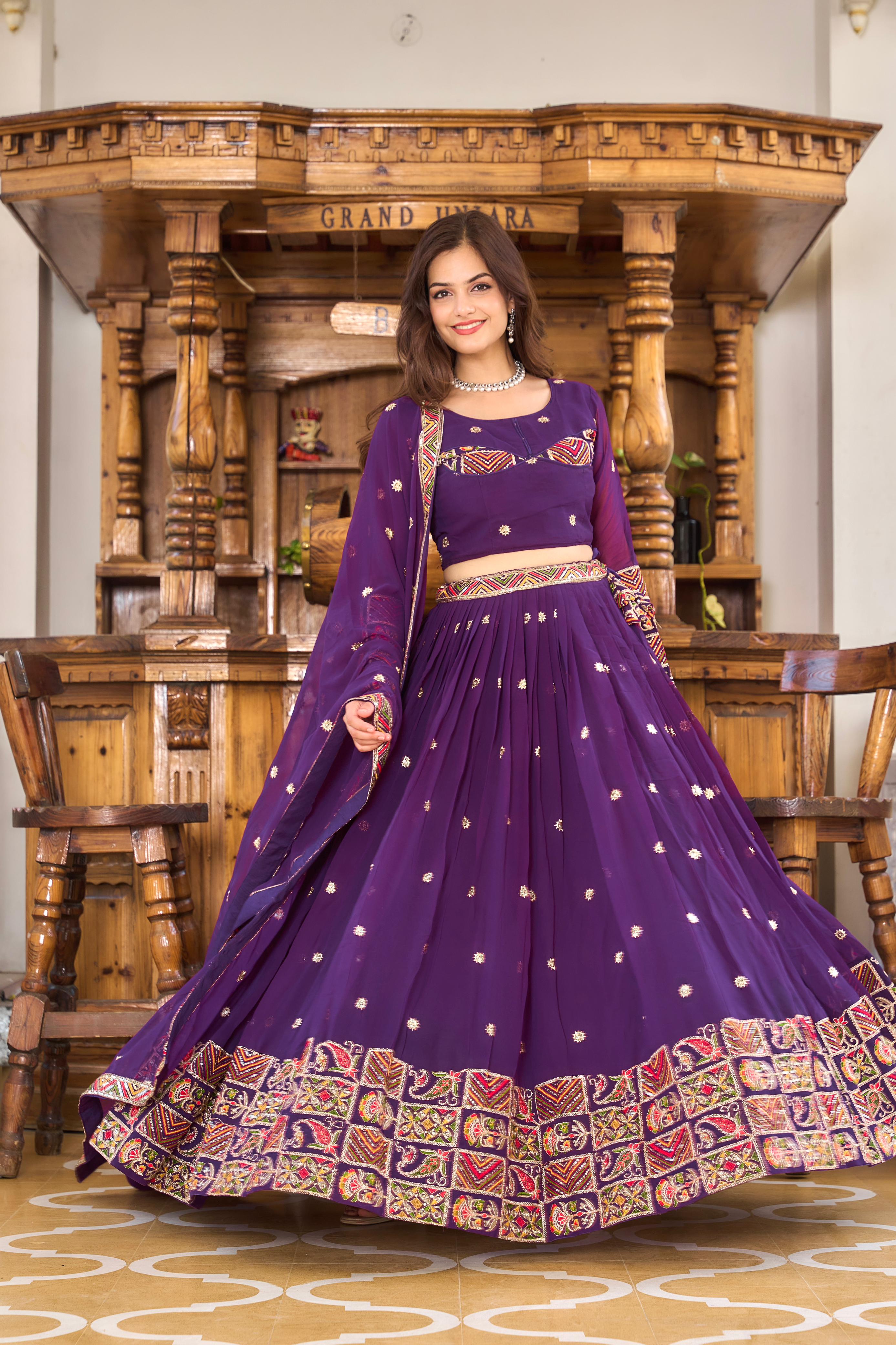 Traditional wear Purple Color Thread Embroidery Work Lehenga Choli