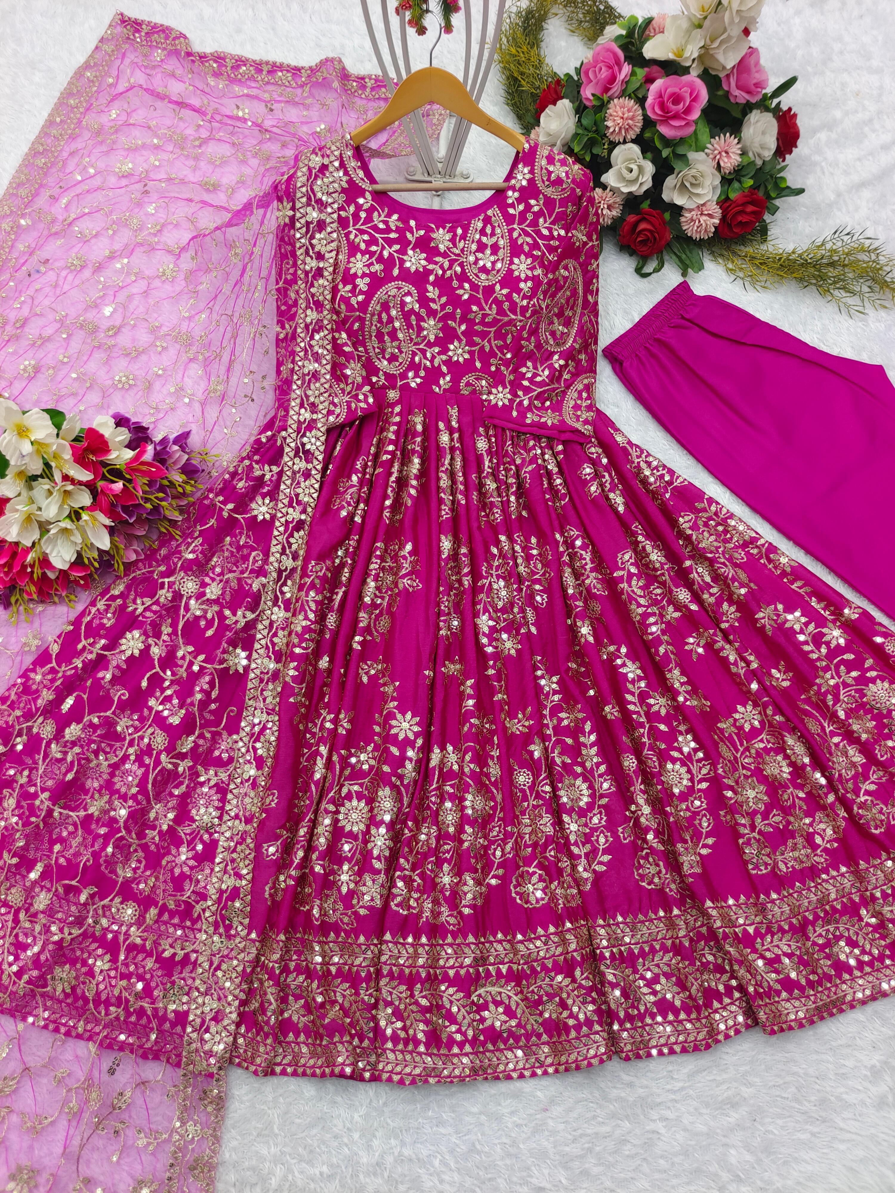 Heavy Sequence Work Pink Color Long Gown