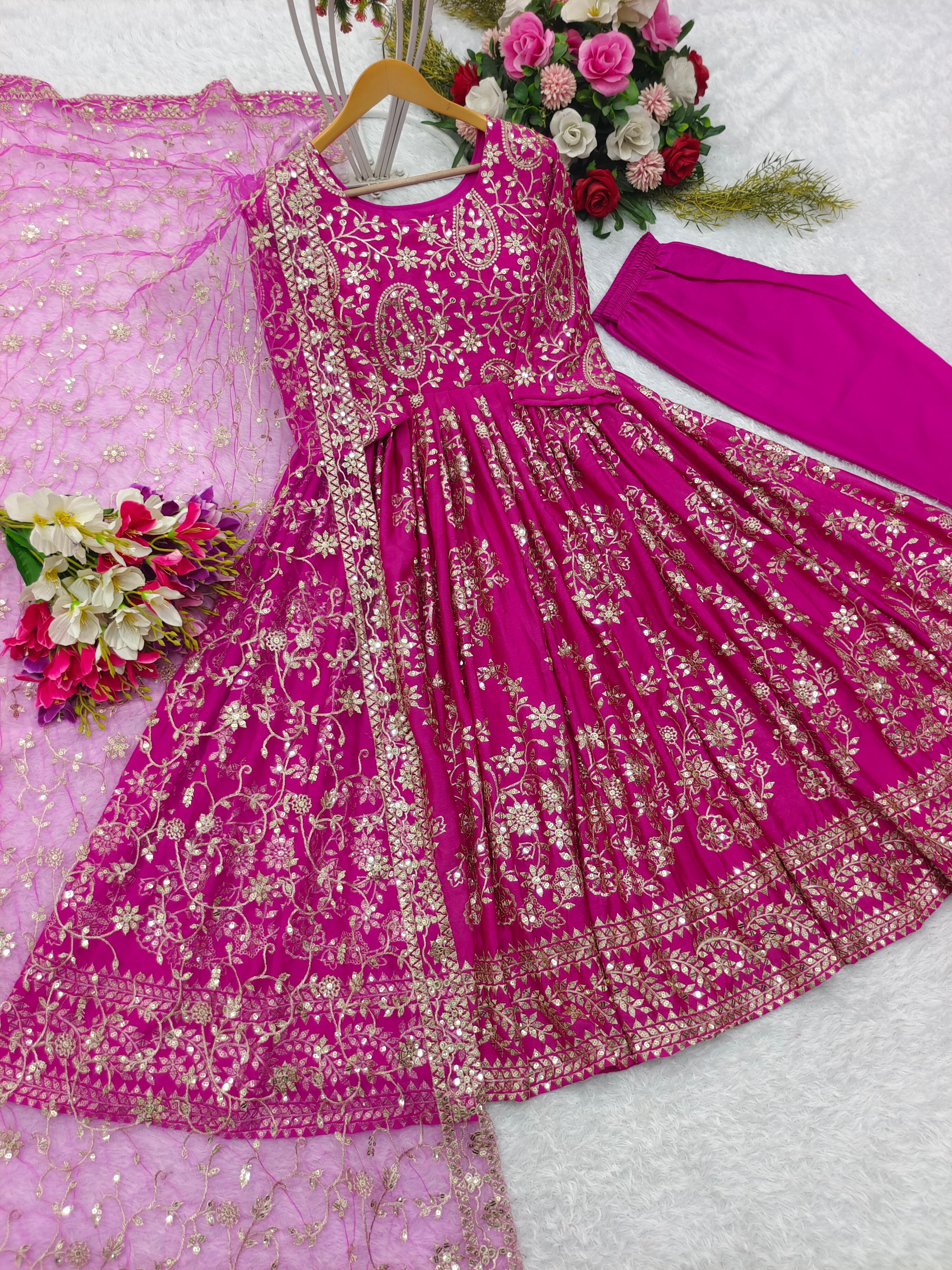 Heavy Sequence Work Pink Color Long Gown