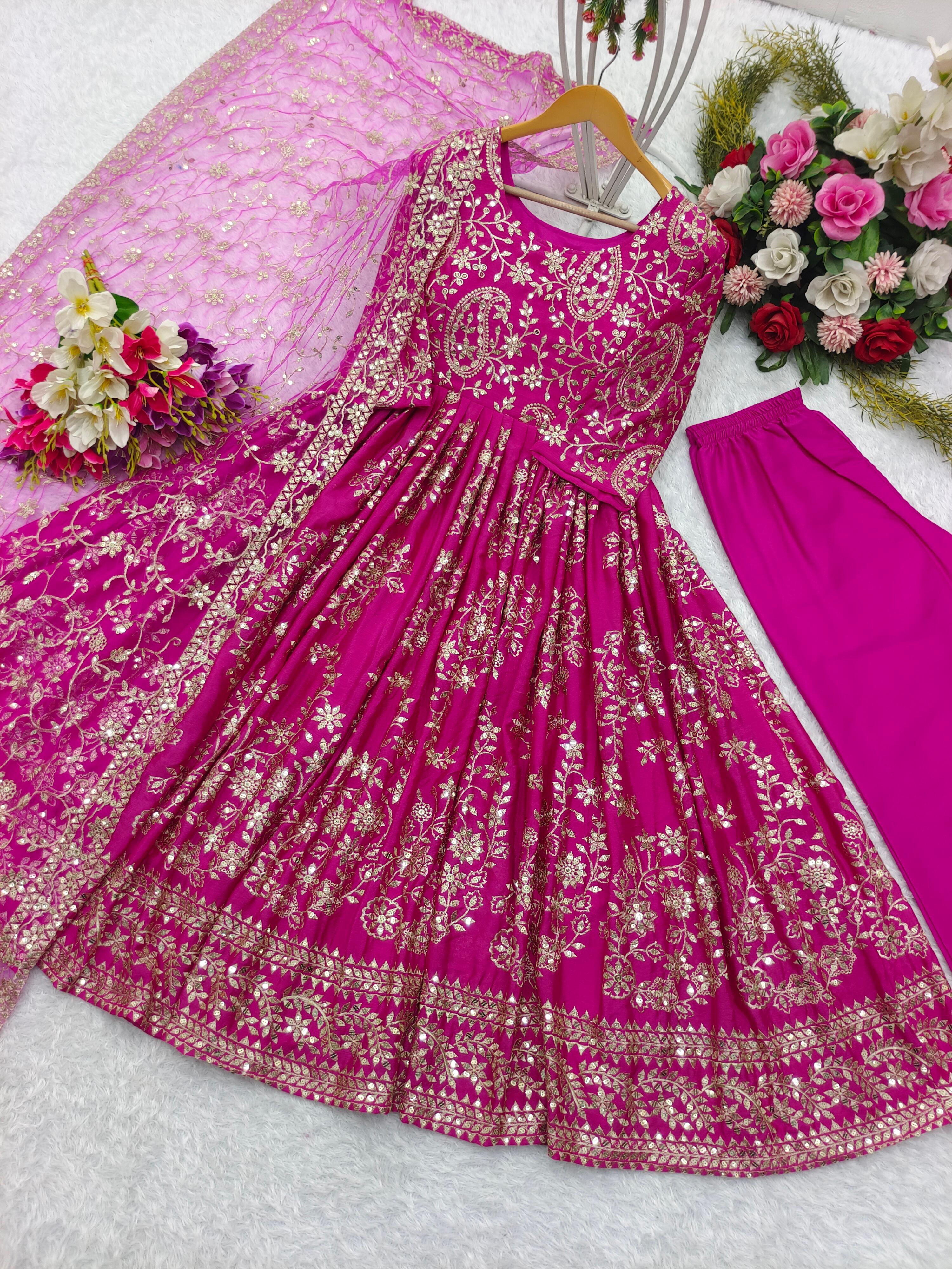 Heavy Sequence Work Pink Color Long Gown